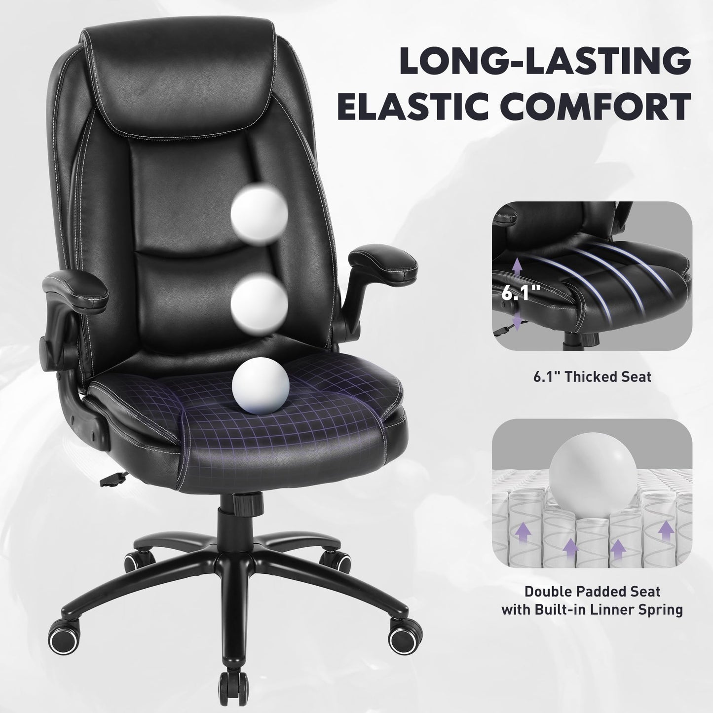 MALOL PU Leather Ergonomic Office Chair -Adjustable Height & Tilt Tension Set of 2, 300lbs Thick Padded Seat Executive Desk Chair with Flip-Up Armrests & Reclining Backrest, Black