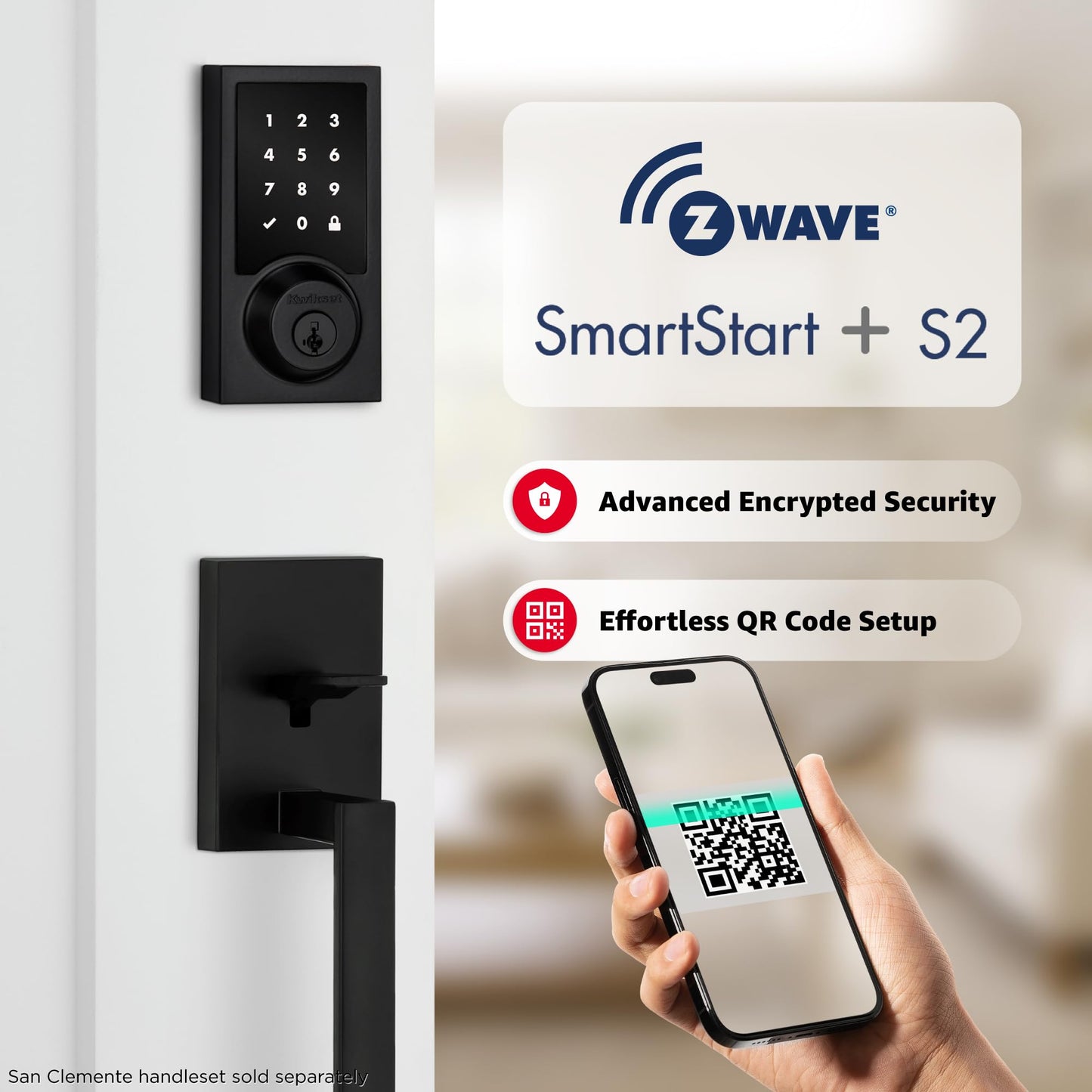 Kwikset HomeConnect 918 Contemporary Z-Wave Long Range Enabled Touchscreen Lock Works with Ring Alarm, Samsung SmartThings Hub Required, Sold Separately in Matte Black