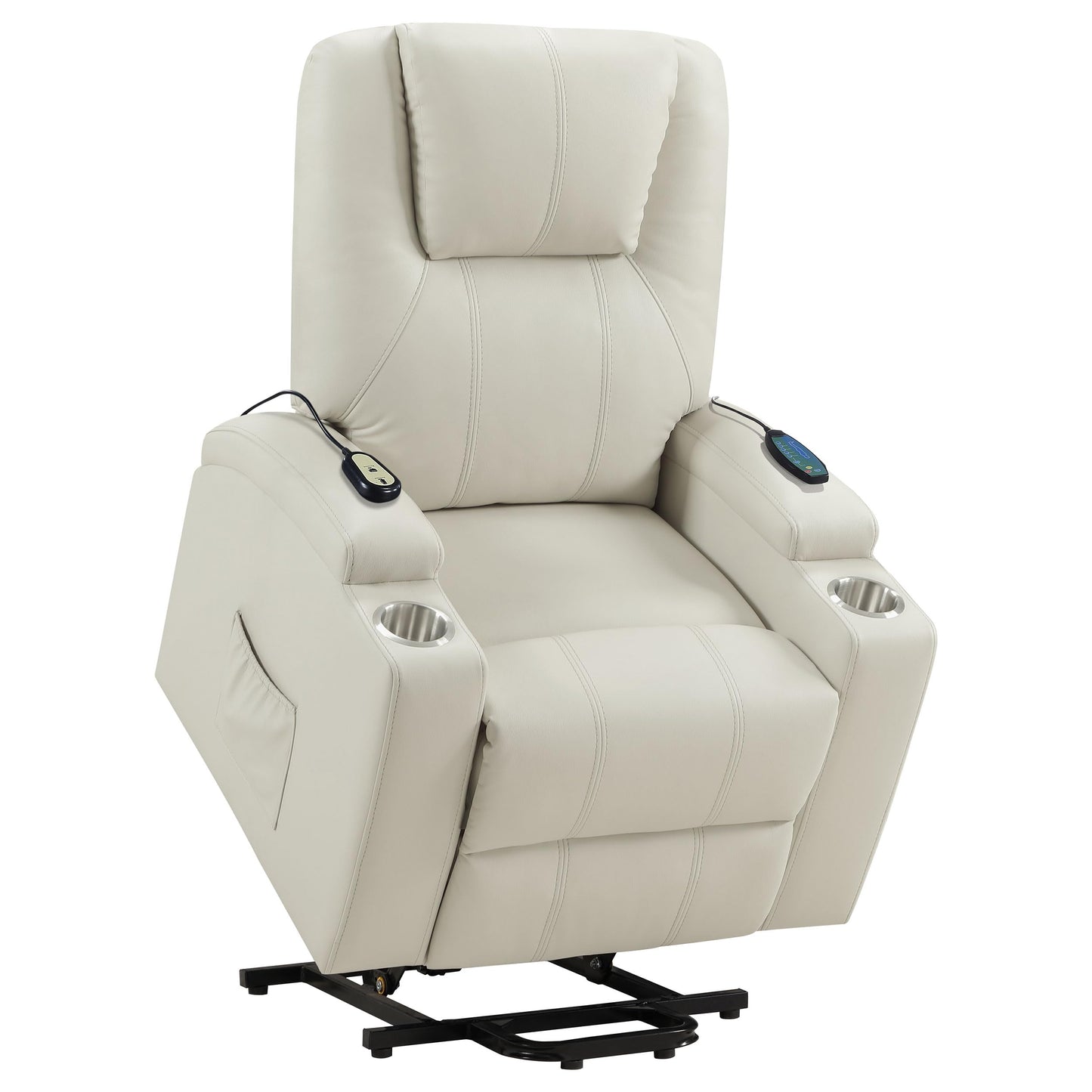 Coaster Home Furnishings - Armstrong - Wood - Power Lift Massage Recliner with Channel Tufting, Wired Remote, Cup Holders and Side Storage Pockets - Living Room - Ivory - 609477P
