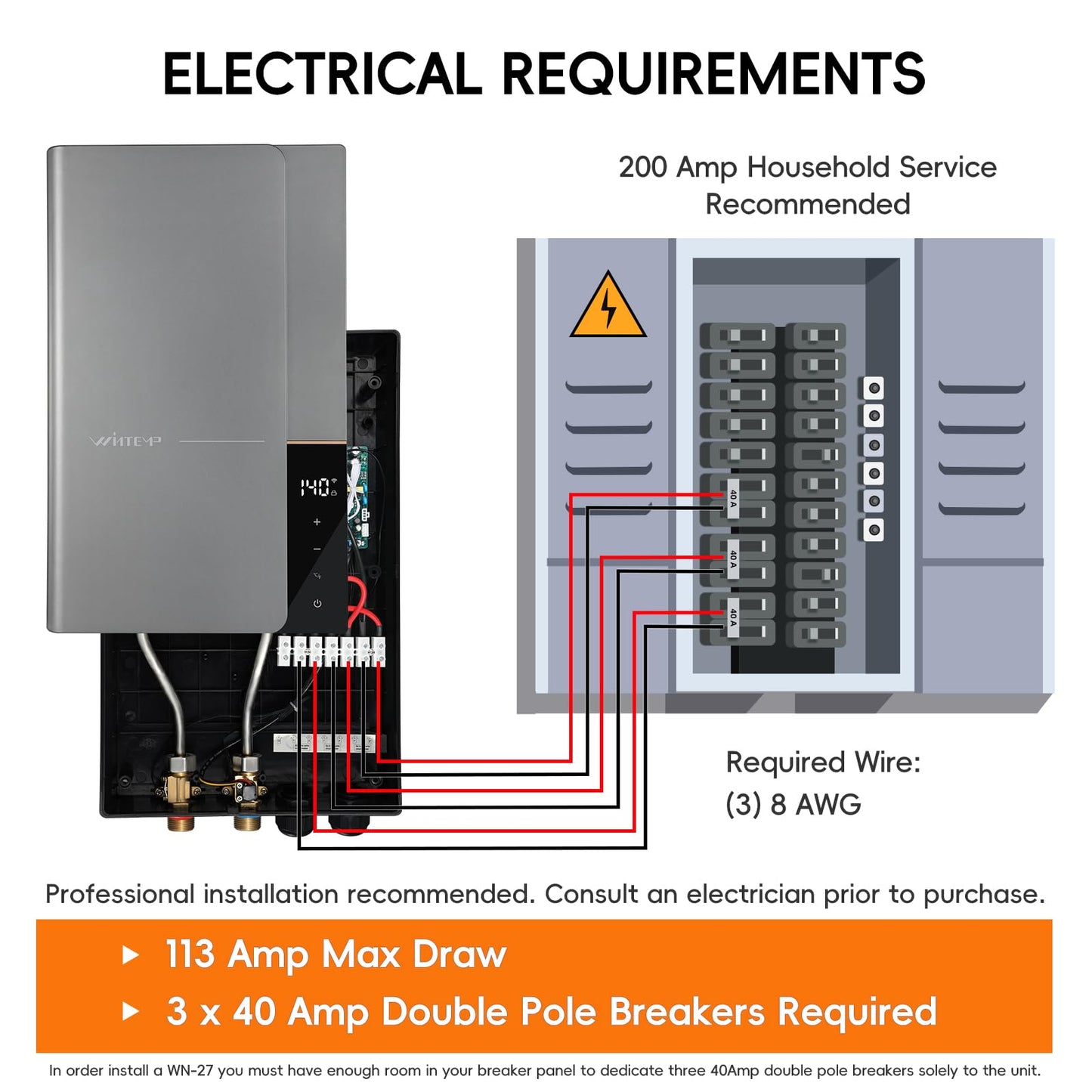 27kW 240V Tankless Water Heater Electric, Whole House, 6.3 GPM