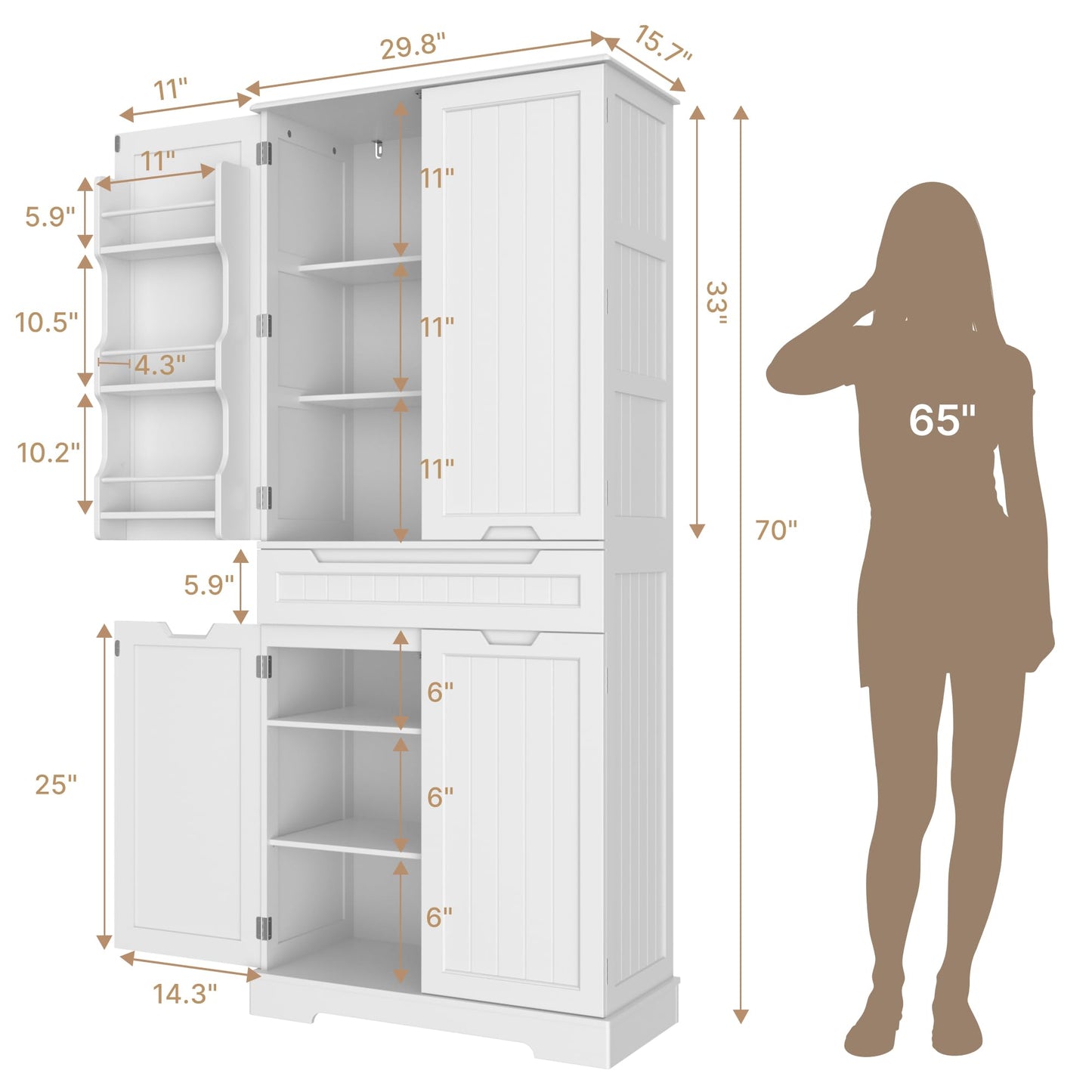 Gizoon 70" Tall Kitchen Pantry Cabinet with Doors and Adjustable Shelves, Pantry Storage Cabinet with Drawer Freestanding Organizer for Small Kitchen Bathroom Laundry Room, Painted White