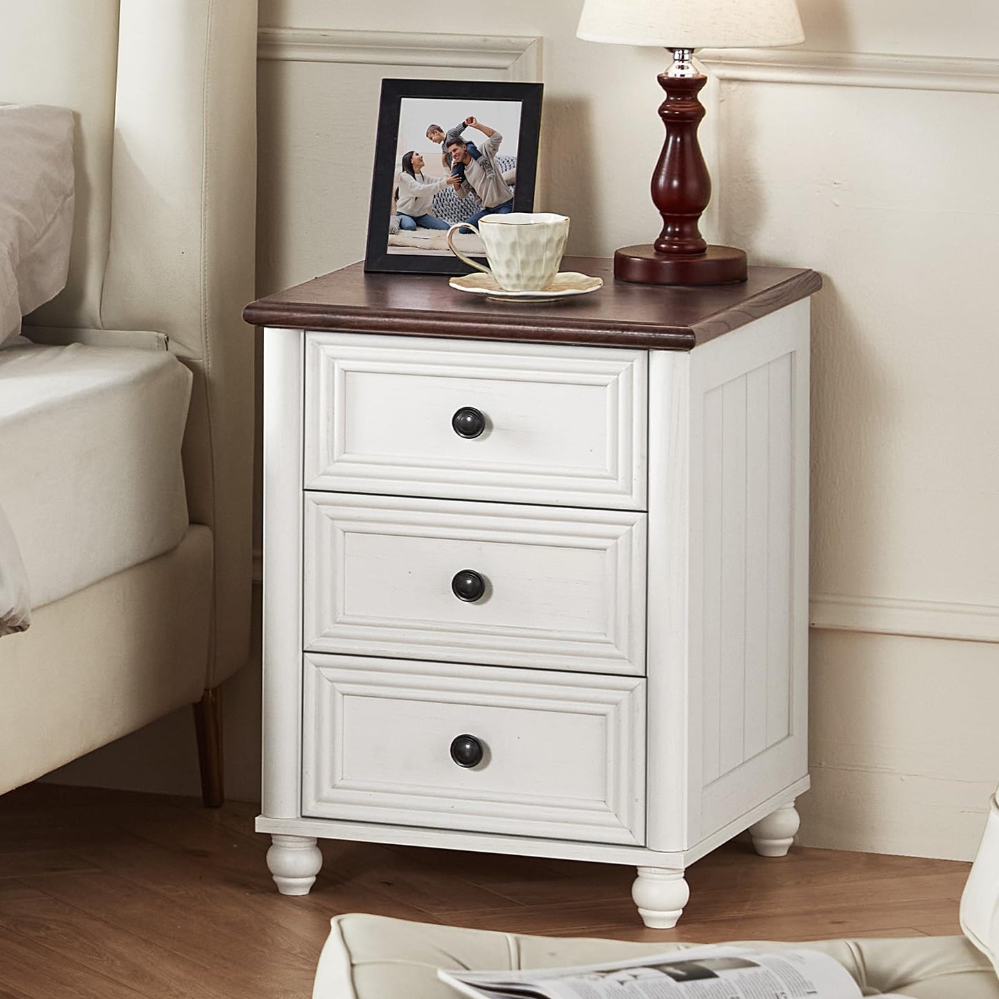 RWYHG 18" Farmhouse Night Stand Set of 2, White Wood Nightstand with 3 Drawers, Bedside End Table with Storage and Roman Column, Bed Side Tables Cabinet for Bedroom, Living Room, and Closet