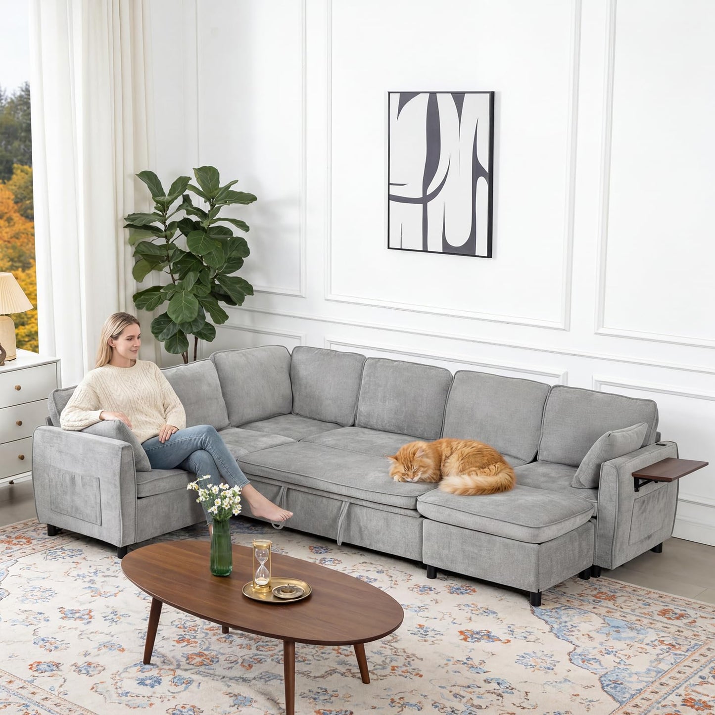Modular Sectional Couch with Pull Out Sofa Bed, 116" U Shaped Modular Cloud Sofa Set with Ottoman, Charging Port & Foldable Side Table, 7 Seater Comfy Chenille Sleeper Couch for Living Room, Grey