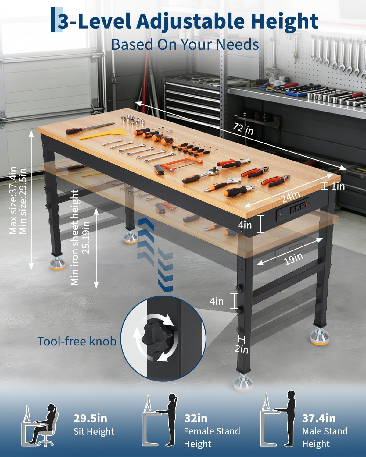 72 Inch Adjustable Workbench, 2500 LB Load Capacity