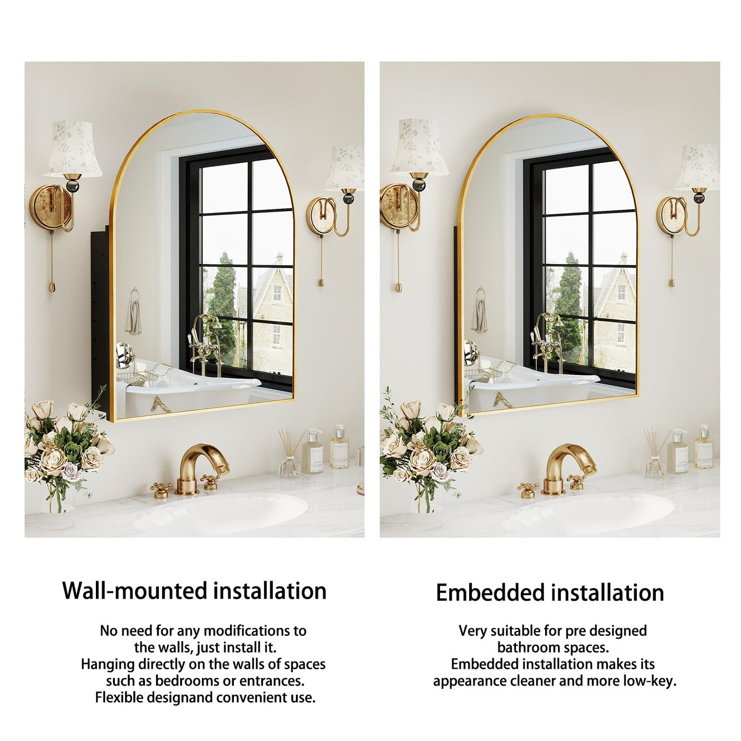 VIWILII Gold Metal Medicine Cabinet Arched-Design,Bathroom Mirror with Storage, Recessed or Surface Mounted, 2 Adjustable Metal Shelves (Brushed Gold, 24x32)