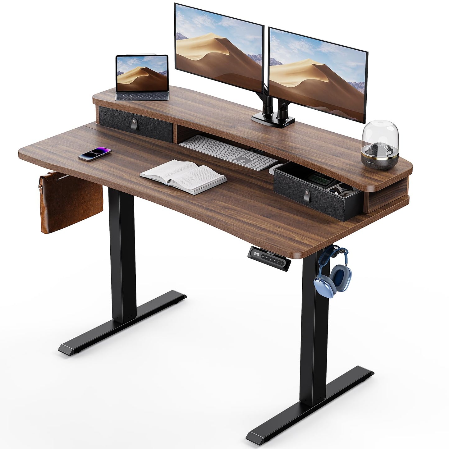 HUANUO 48″ x 24″ Electric Standing Desk with 2 Drawers, C-Clamp Mount Compatible, Height Adjustable Computer Desk, Home Office Stand Up Desk with 4 Preset Heights & 2 Hooks, Walnut