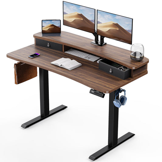 HUANUO 48″ x 24″ Electric Standing Desk with 2 Drawers, C-Clamp Mount Compatible, Height Adjustable Computer Desk, Home Office Stand Up Desk with 4 Preset Heights & 2 Hooks, Walnut