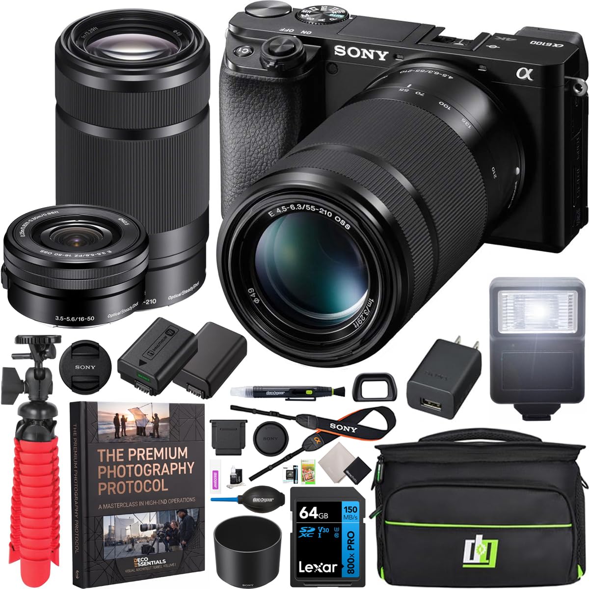 Sony a6100 Mirrorless Camera 4K APS-C ILCE-6100YB with 2 Lens Kit 16-50mm + 55-210mm | Official Sony USA Partner Model | Bundle with Deco Gear Photography Case + Flash & Accessories + Extra Battery