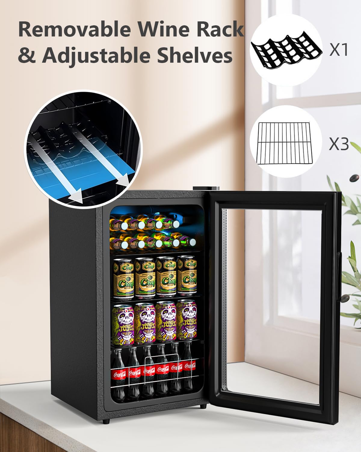 Geekman Beverage Refrigerator Cooler, 120 Cans Freestanding Beverage Fridge with Double-layer Glass Door， Mini Fridge Beverage with Adjustable Removable Shelving, Perfect for Beer, Wine, Soda and more