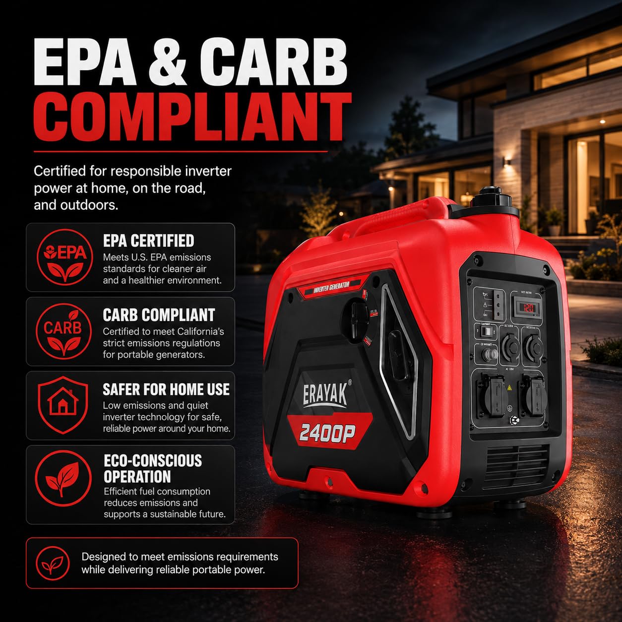 ERAYAK 2400W Portable Inverter Generator for Home Use, Super Quiet Small Generator for Camping Outdoor Emergency Power Backup, Gas Powered Engine, EPA, ECO Mode