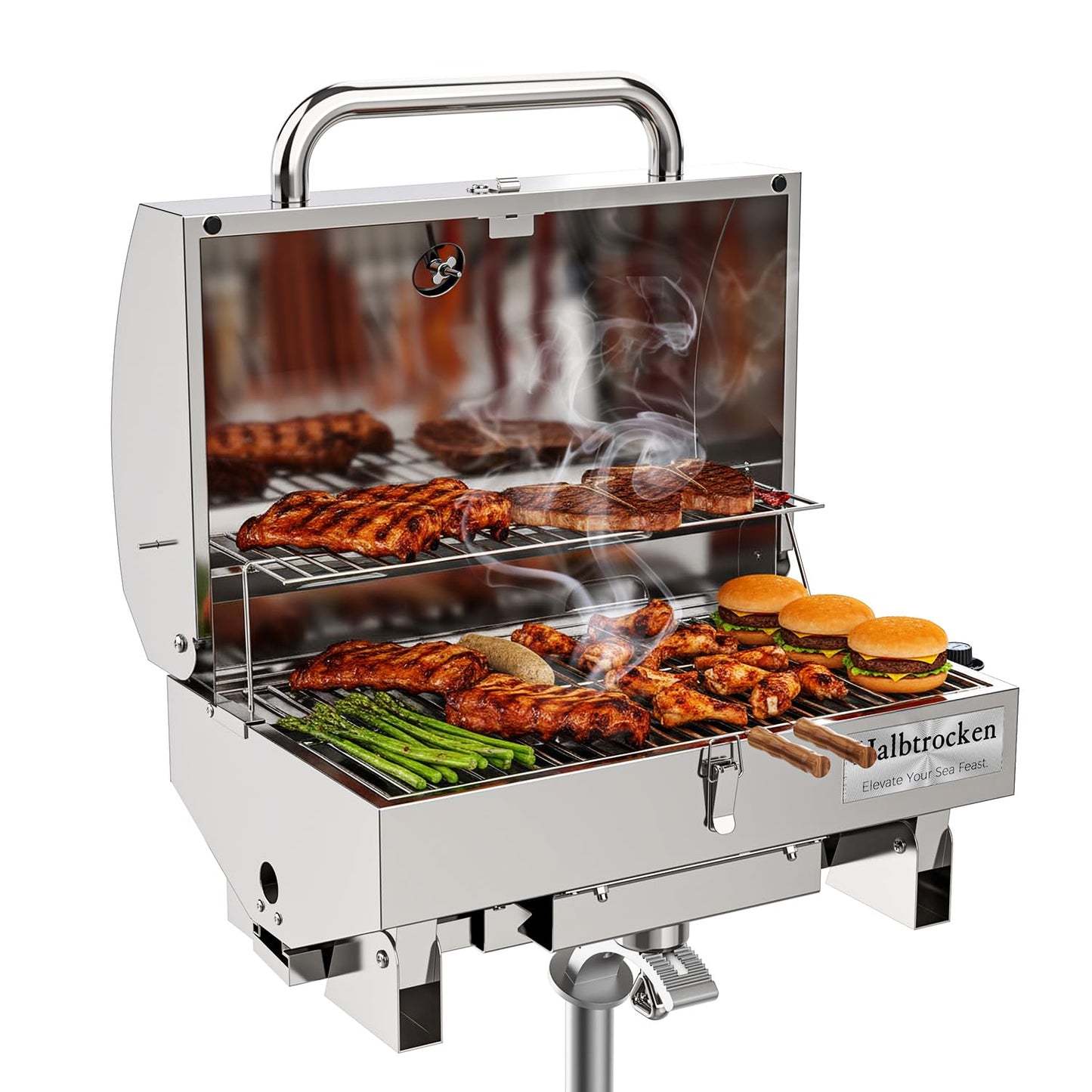 Halbtrocken 304 Stainless Steel Marine Gas Grill with Rod Holder Mount & Cover - 200 sq. in. Cooking Area, 12,000 BTU Propane Boat Grill - Perfect Compact Grill for Boating, Tailgating and Camping