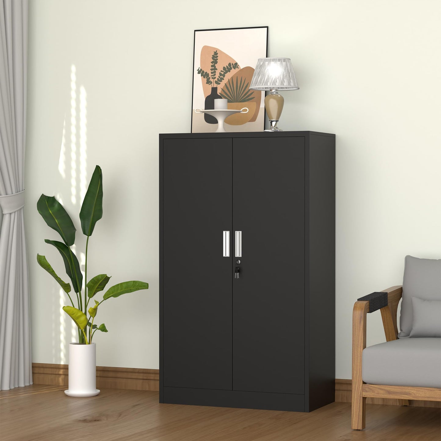 iJINGUR Metal Storage Cabinet with Locking Doors and Adjustable Shelves, 53.5-Inch Tall Lockable Storage Cabinets for Home Office Garage Kitchen Pantry (Black)
