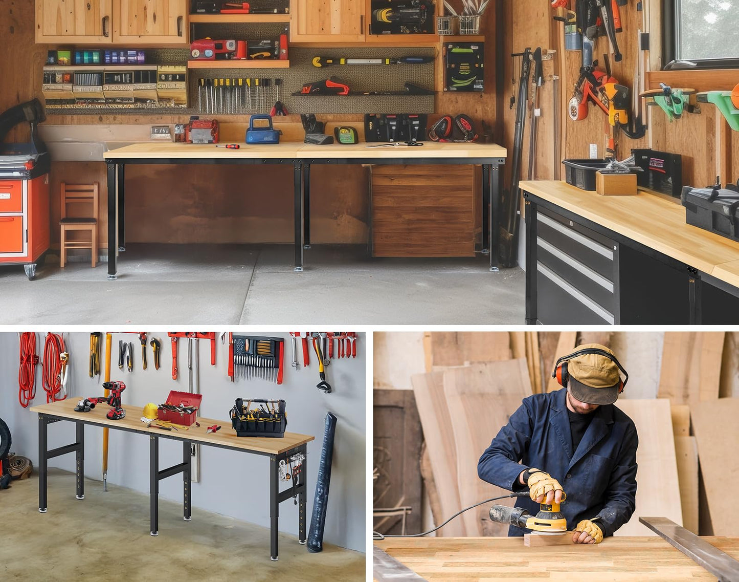 MUWOOD 96" Adjustable Height Workbench, 2000 LBS Heavy Duty Table Rubber Wood Workstation with Power Outlet & Pegboard for Garage, Office, Workshop, Home,Commercial