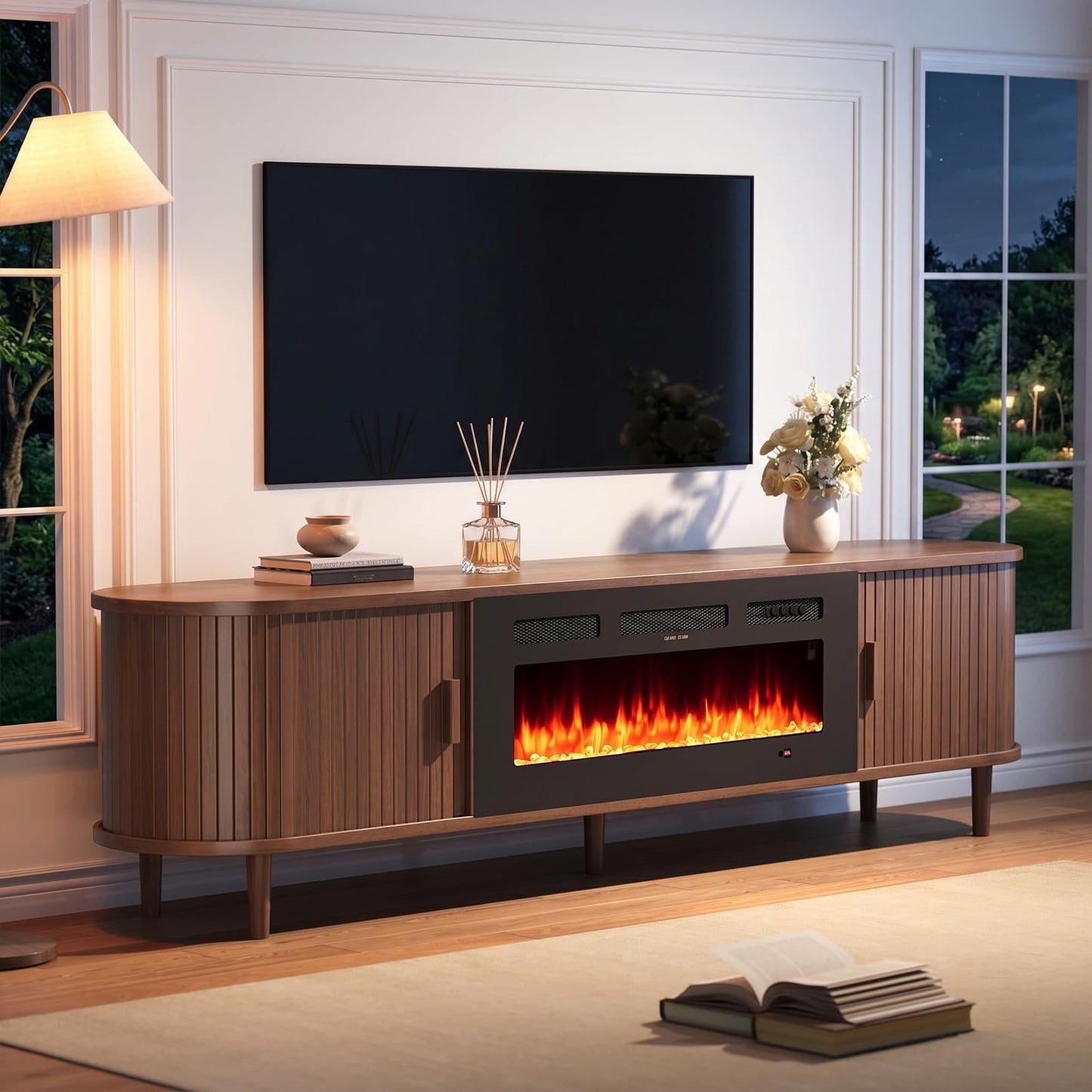MXV 80″ Fluted Fireplace TV Stand, Mid Century Modern TV Stand with 36″ Fireplace for TVs Up to 90", Entertainment Center with Sliding Door & Solid Wood Legs, for Living Room, Walnut