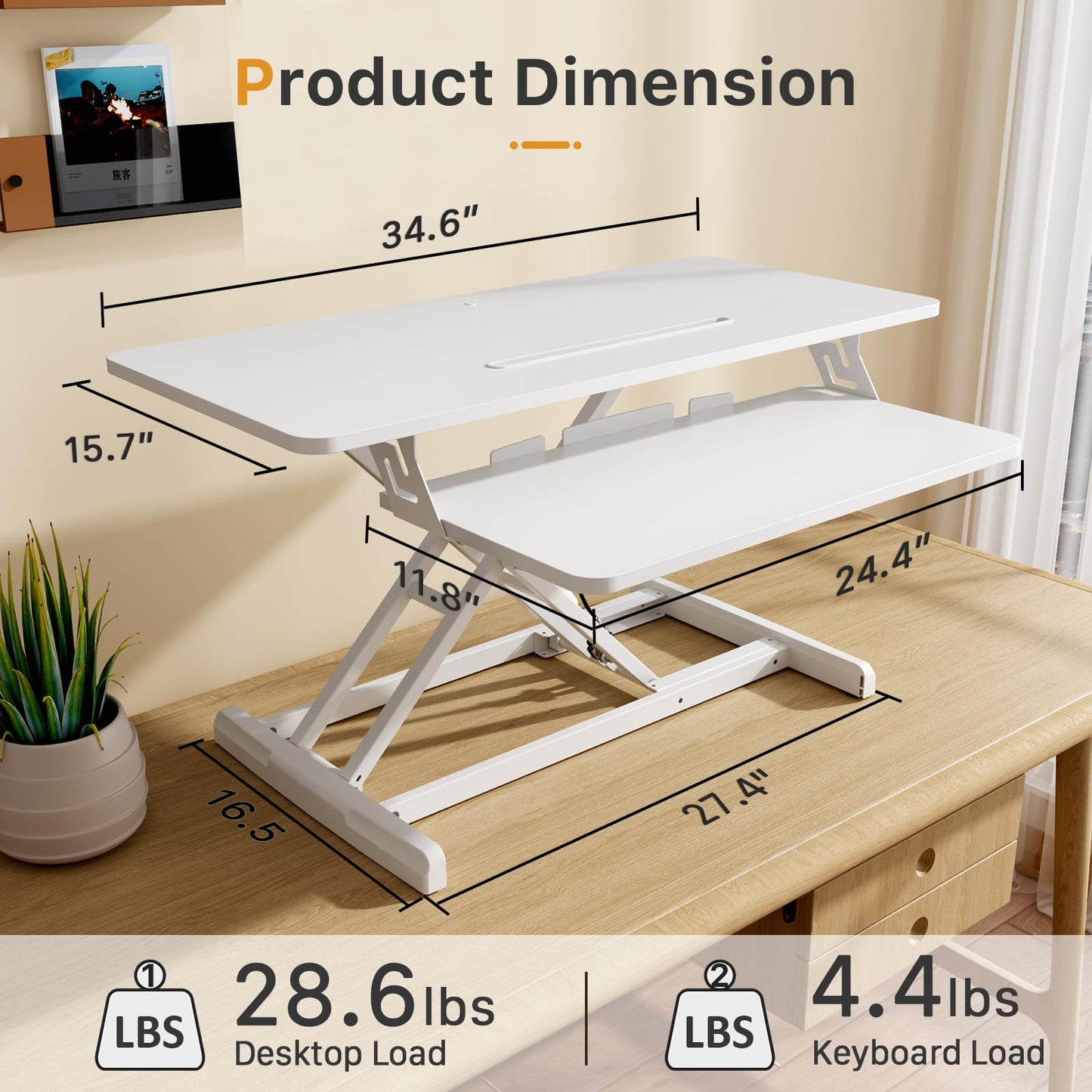 JOY worker Standing Desk Converter, 35" Wide Height Adjustable Sit Stand Up Desk Riser with Keyboard Tray, Desktop Workstation Riser for Home Office Computer Laptop, Particle Board, White