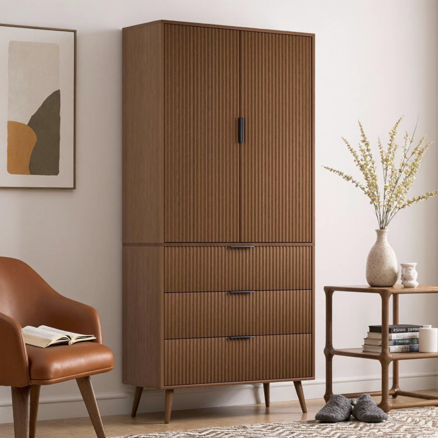 Topcomfy Tall Fluted Cabinet, Kitchen Pantry Cabinet with 2 Doors, Wood Cupboard with Adjustable Shelves, Mid Century Modern Cabinet for Living Room, Dining Room, Entryway, Office, Walnut