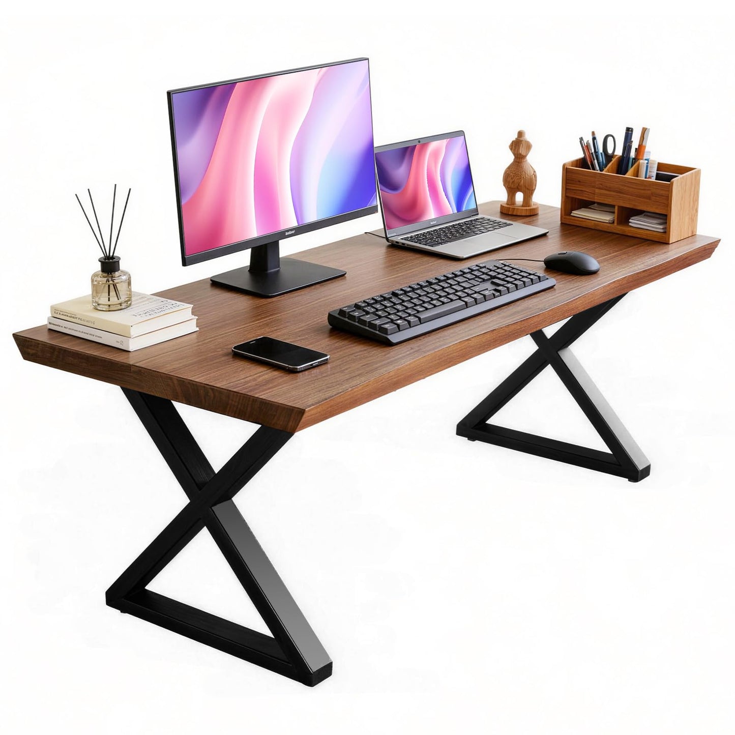 jmzx store Solid Wood Rustic Style 55.1-inch Computer Desk - Large Office Desk for Home Office (Black-b, 55 * 27.56 * 29.5)