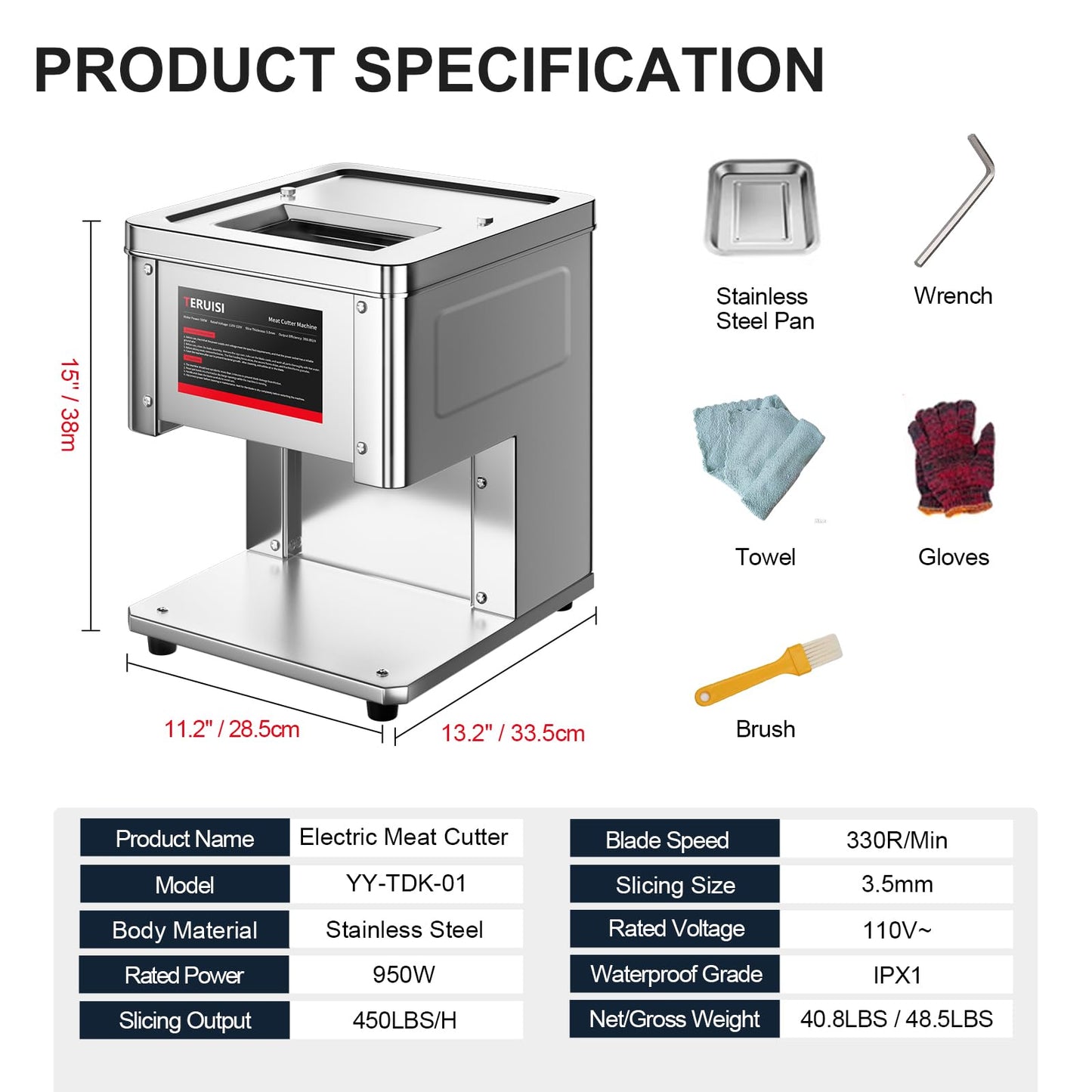TERUISI Meat Cutter Machine, 950W Electric Slicer Cutting Machine with 450LBS/H Slicing Output, 3.5mm Commercial Meat Slicer with Removable Blade for Boneless Pork Chicken Soft Vegetables, TDK Model