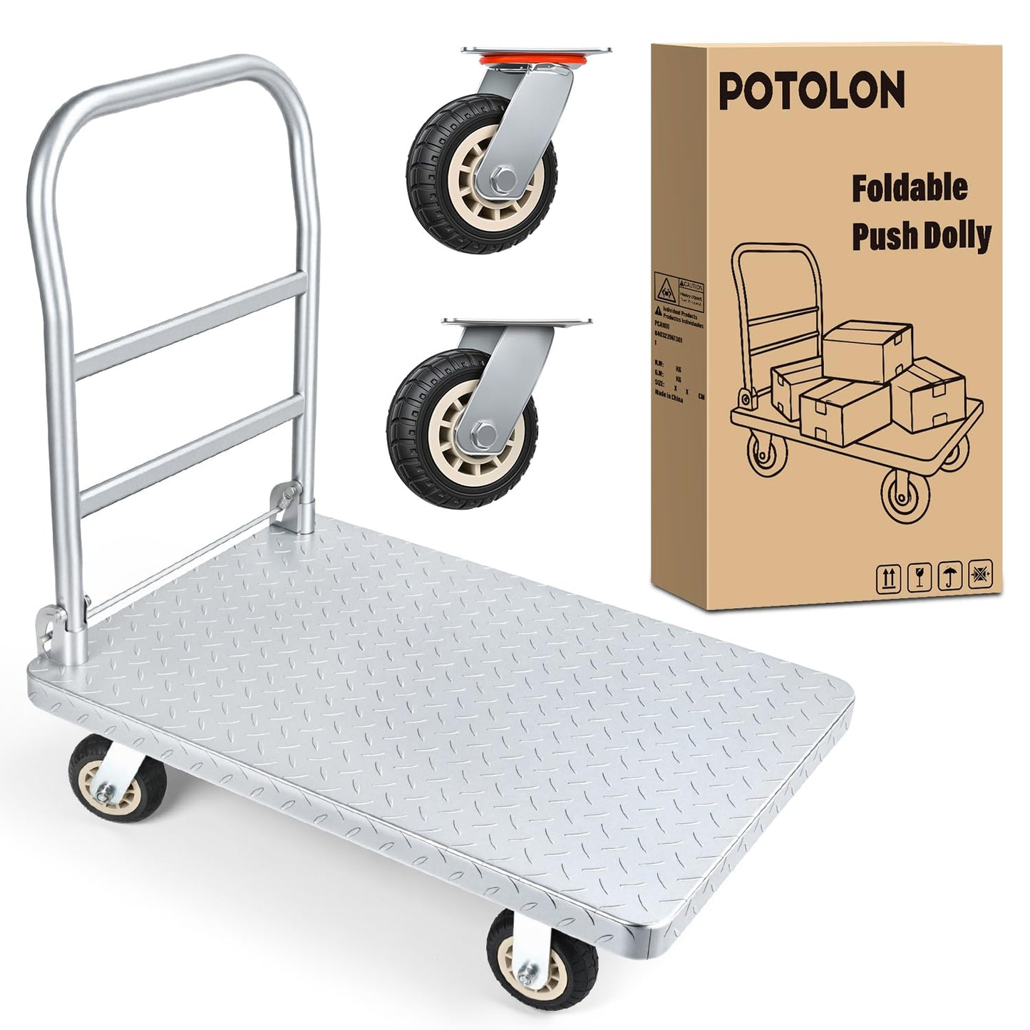 POTOLON Stainless Steel Platform Cart 1320 lbs Heavy Duty Flatbed Push Dolly with 5 Inch Rubber Wheels 36 x 24 Inch Platform Truck for Warehouse Industrial Use Black