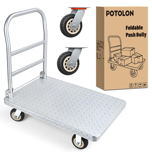 POTOLON Stainless Steel Platform Cart 1320 lbs Heavy Duty Flatbed Push Dolly with 5 Inch Rubber Wheels 36 x 24 Inch Platform Truck for Warehouse Industrial Use Black