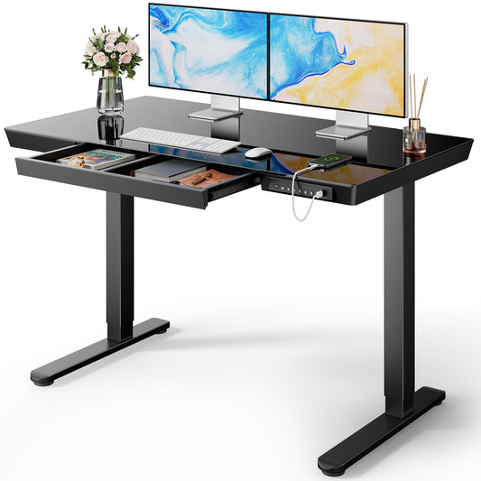 Marsail Glass Standing Desk with Drawer, 48 x 24 inch Electric Standing Desk, Height Adjustable Desk with One-Piece Tabletop & USB Charging Ports, Sit Stand Desk with Storage for Home & Office Black
