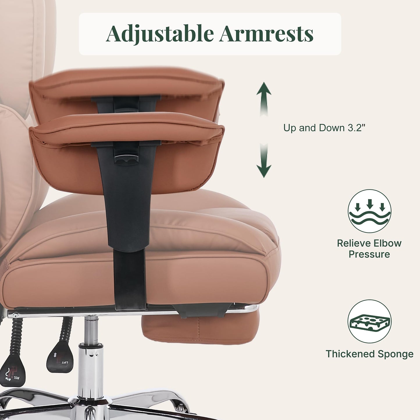 HAPPYMONT Big and Tall Ergonomic Office Chair,350 lbs,High Back Reclining PU Leather Gaming Chair with Footrest, Adjustable Armrests, Lumbar Support, Executive Desk Chair for Home Office, Brown