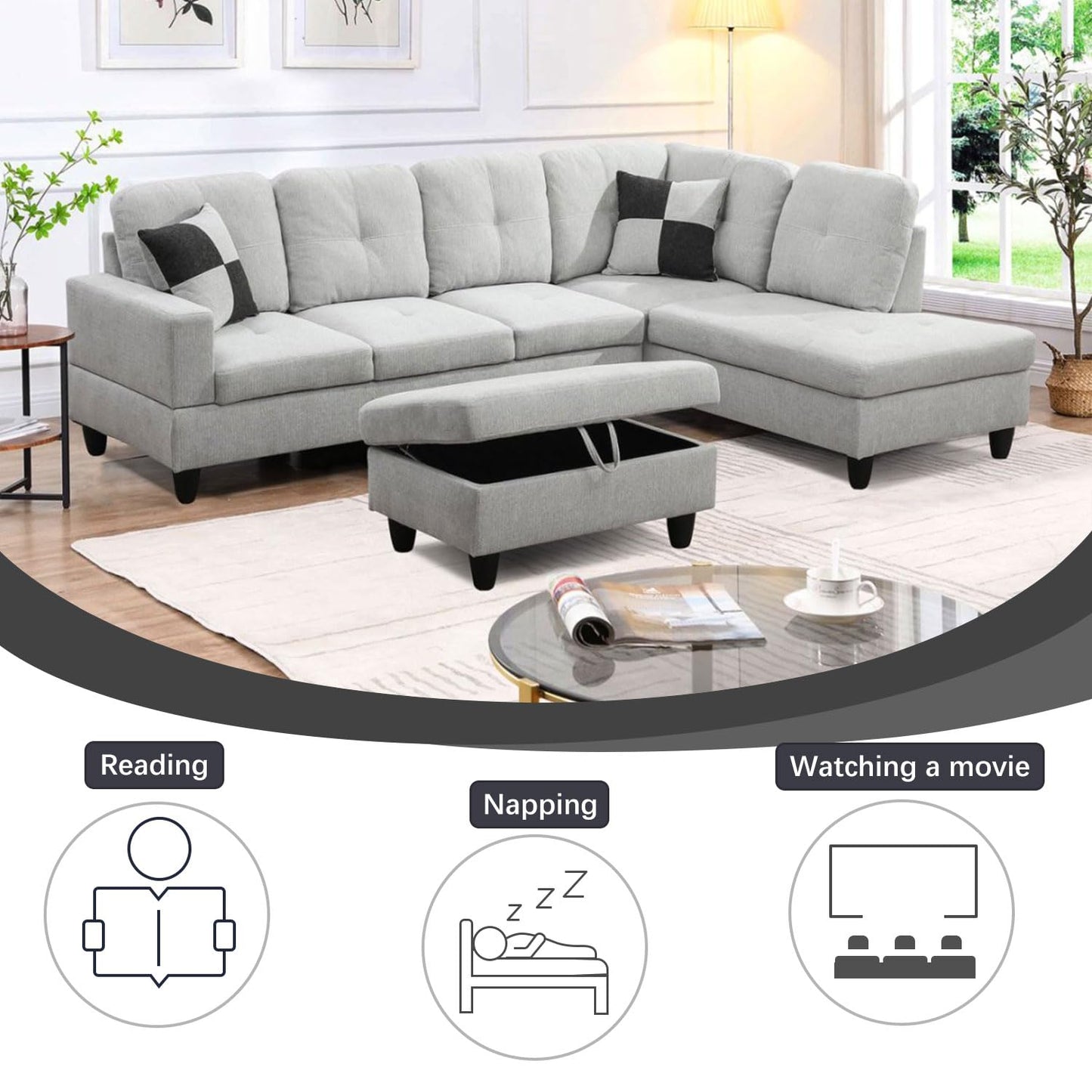 UOCFYK L-Shaped 3-Piece Flannel Sofa with Storage Ottoman Set, Sectional Couch Sofa Set for Living Room, Office, Small Space, Light Grey