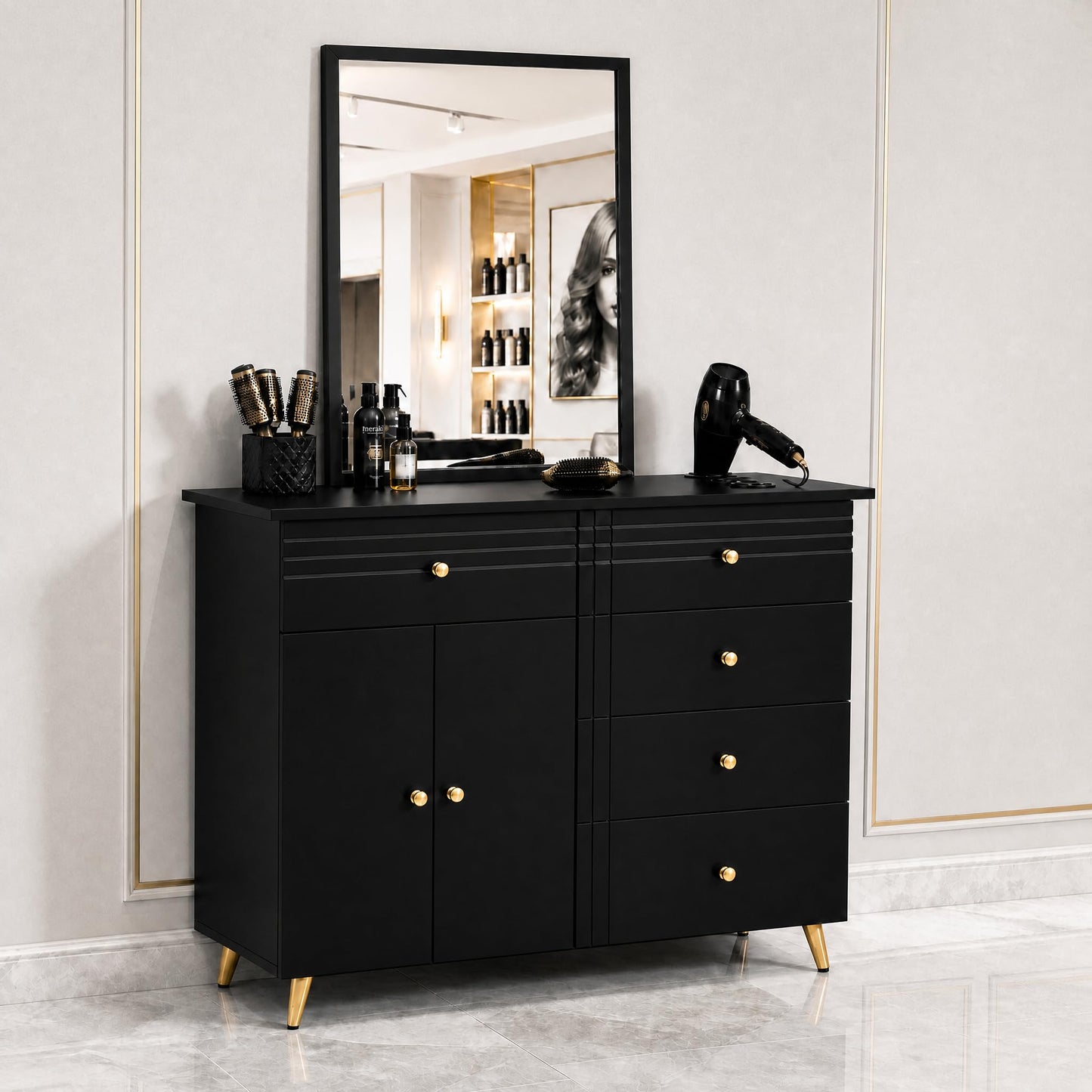Merax Barber Salon Station with Metal Frame Mirror, Barber Cabinet Gold Legs & Handles, Multi-Zone Storage, 1 Storage Cabinet, 5 Drawers, Desktop Holes, Easy Assembly for Hair Salon, Black+Gold