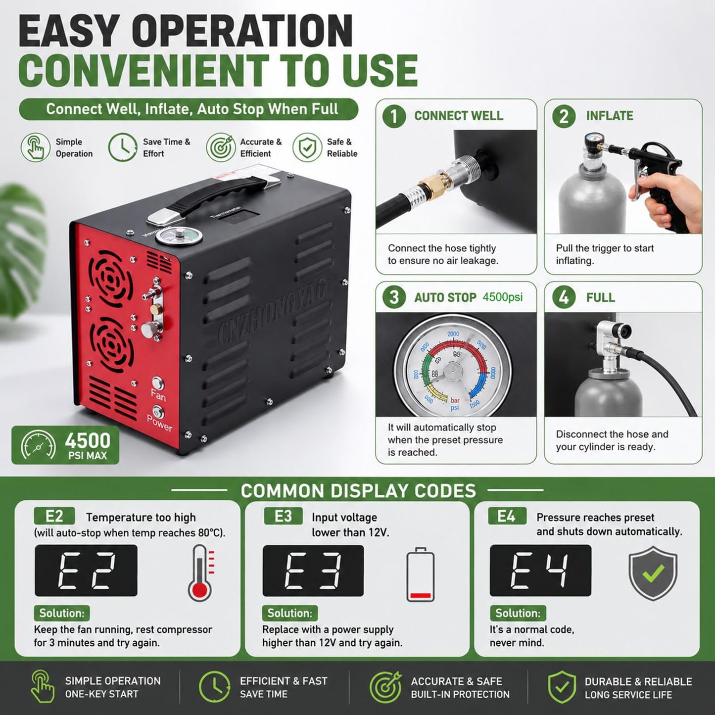 PORTAIR 4500PSI Portable HPA Compressor,Auto-Stop, Oil/Water-Free, Built-in Power Converter PCP Air Compressor for Air Rifle, Scuba Tank, Powered by Car Battery 12V DC or Home 110V AC (Black)