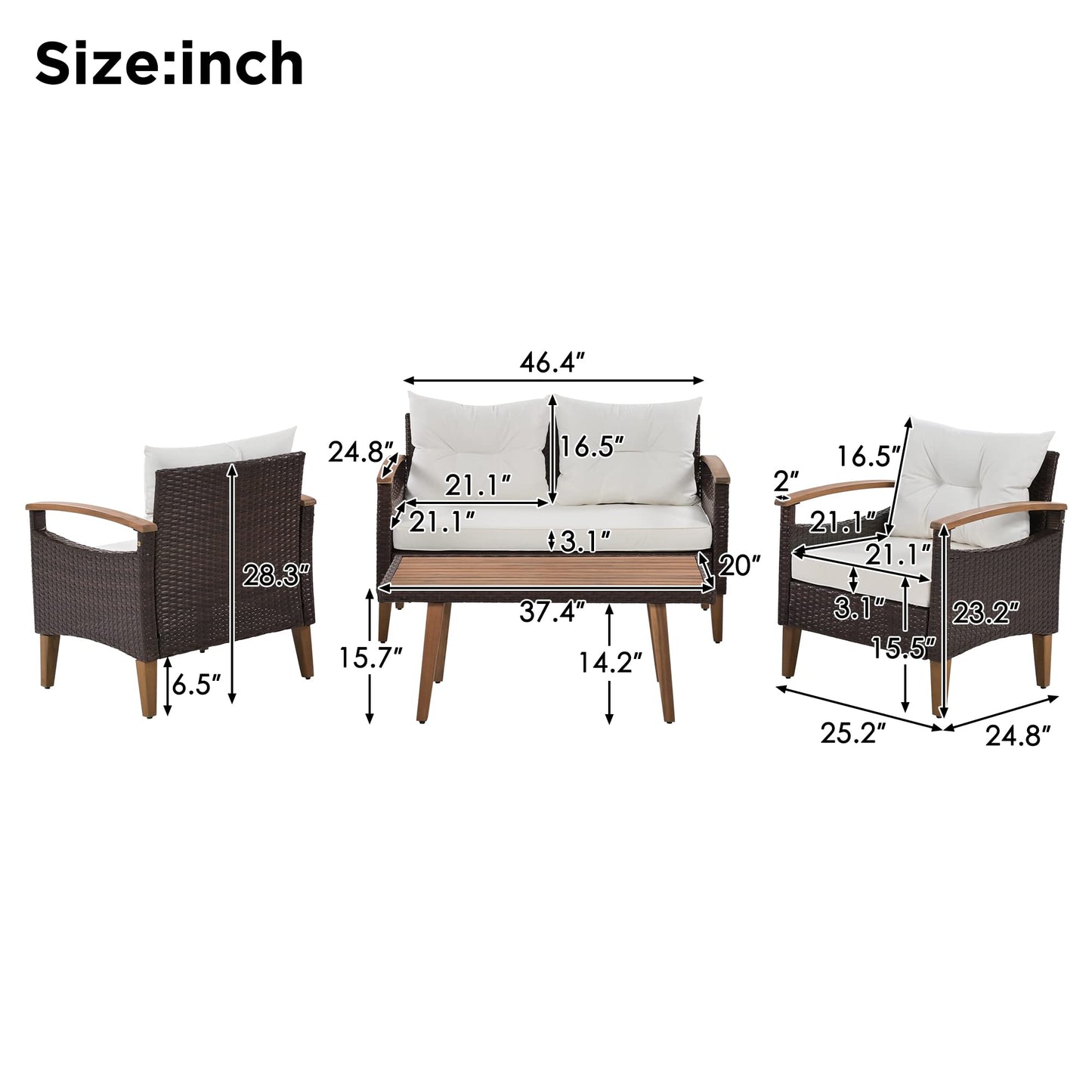Merax Outdoor Patio Furniture Sets, Free Combination Rattan Sofa with Wood Tabletop, 9-piece, Grey