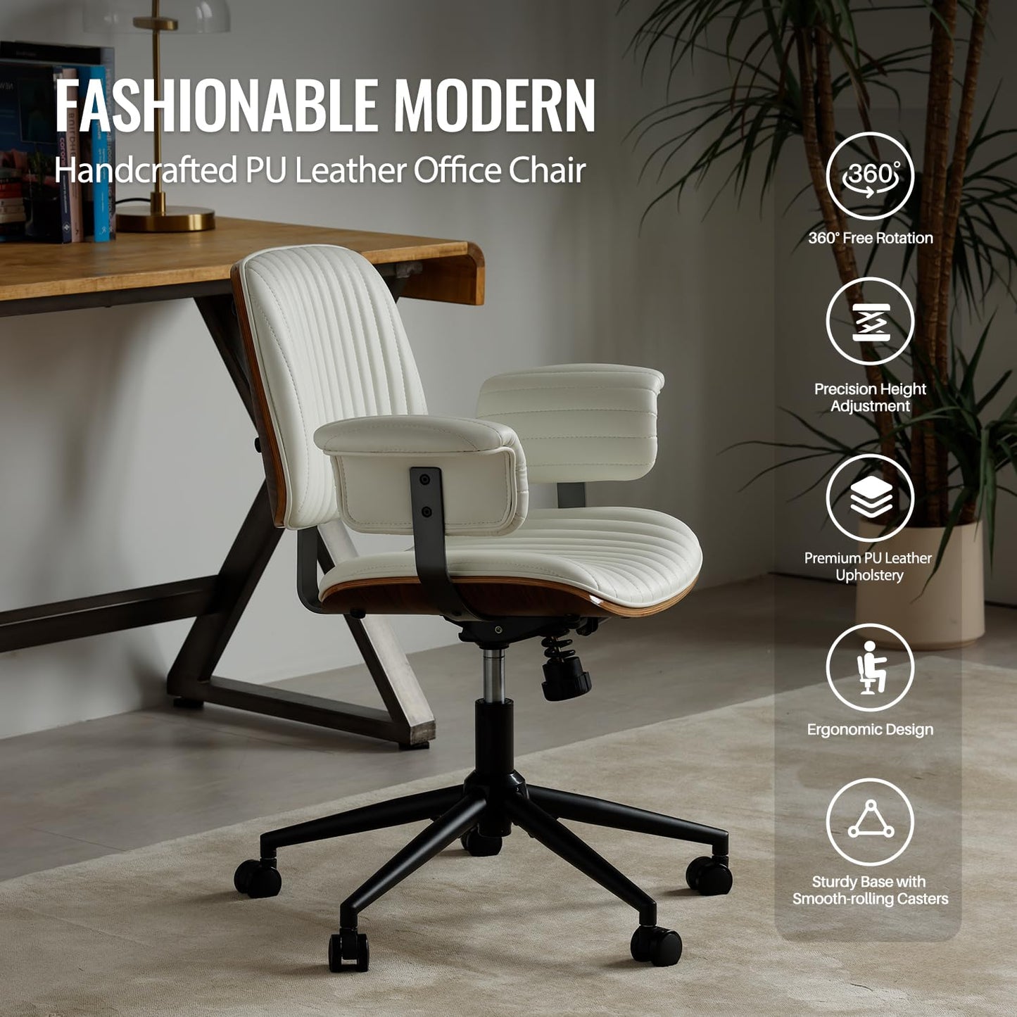Leather Home Office Chair, Mid-Century Modern Executive Desk Chair with Padded Armrests, 360° Swivel Ergonomic Task Chair,Adjustable Height (PU Leather-Beige)