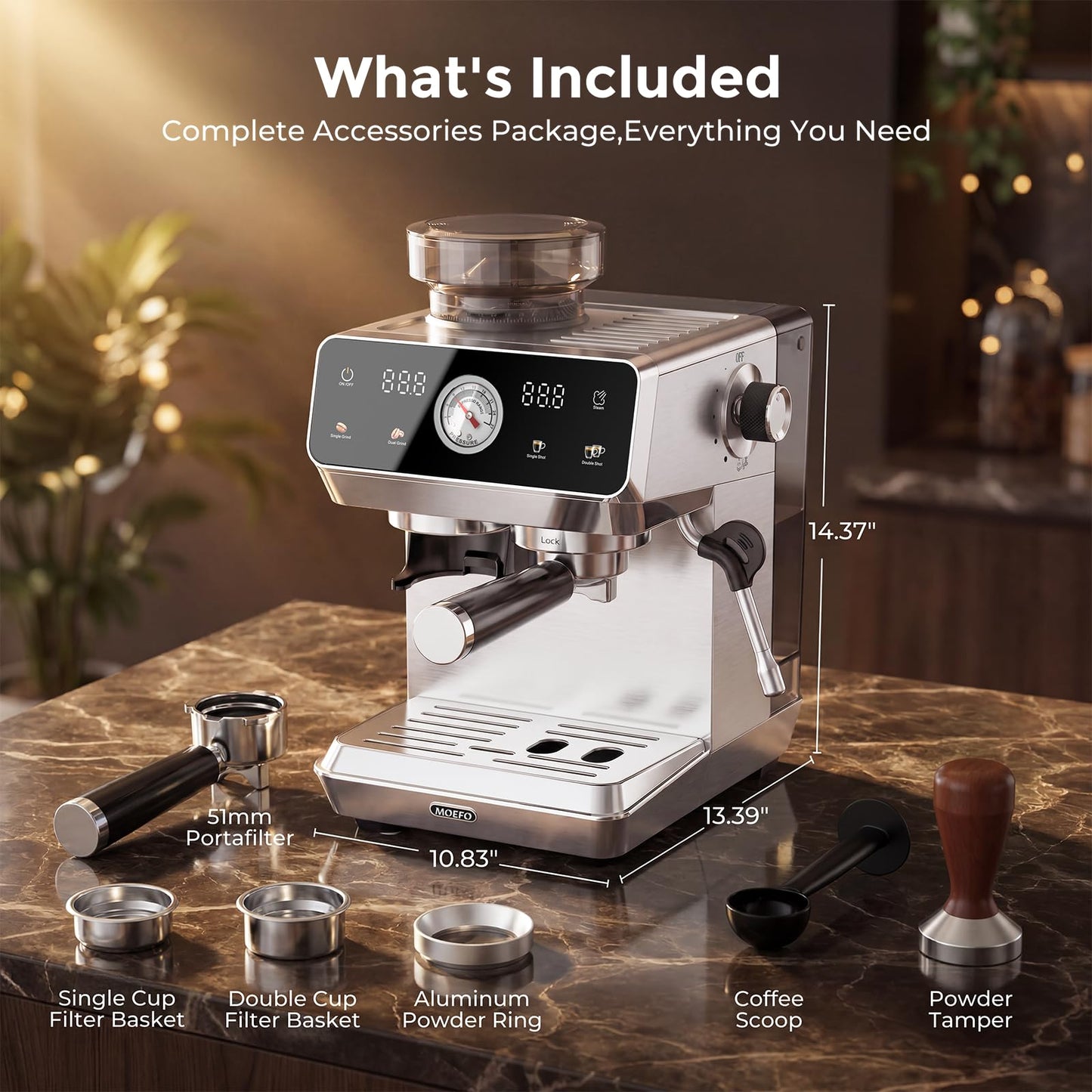 MOEFO Espresso Machine with Grinder, 20-Bar Programmable Semi-Automatic Coffee Maker, Visual Pressure Gauge & Touchscreen, Compact Design with 44-Grind Settings, Make Americano, Latte, Silver