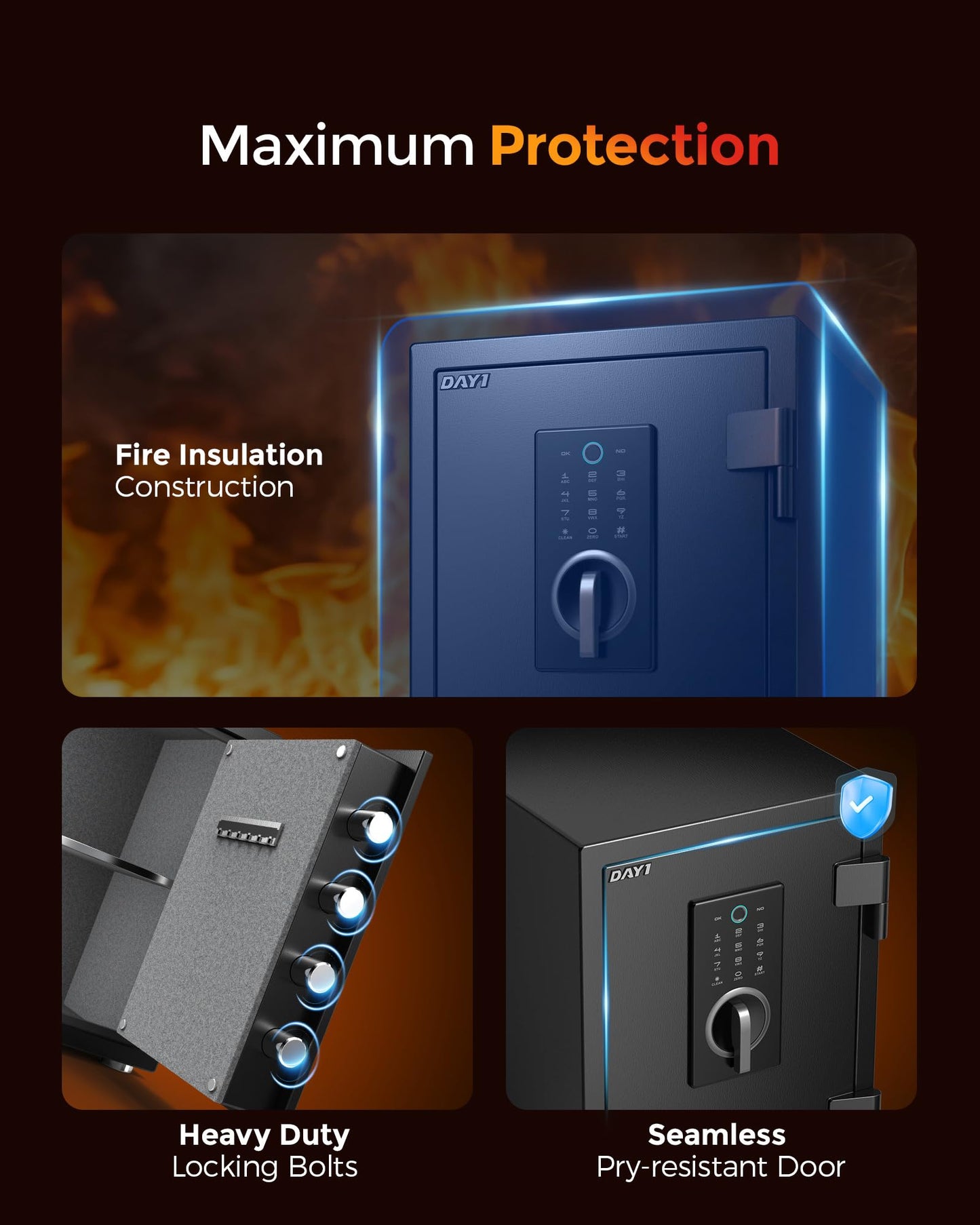 DAYI Fireproof Safe, 2.0 Cubic Feet Biometric Fingerprint Fire Proof Safes Box for Home Documents Money, Digital Touchpad Security Safe Dual Alarm System - DY-45FP