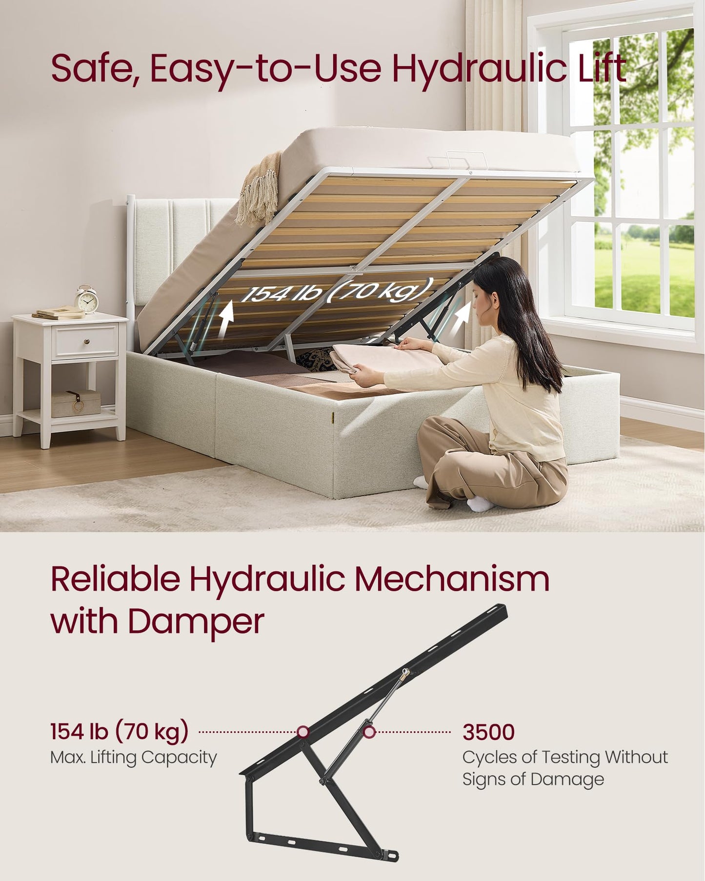 VASAGLE Lift Up Storage Bed Frame Full Size, Hydraulic Platform Bed, with Upholstered Headboard, 1100 lb Weight Capacity, No Box Spring Needed, Easy Assembly, Modern, Cappuccino Beige URMB602W01V1