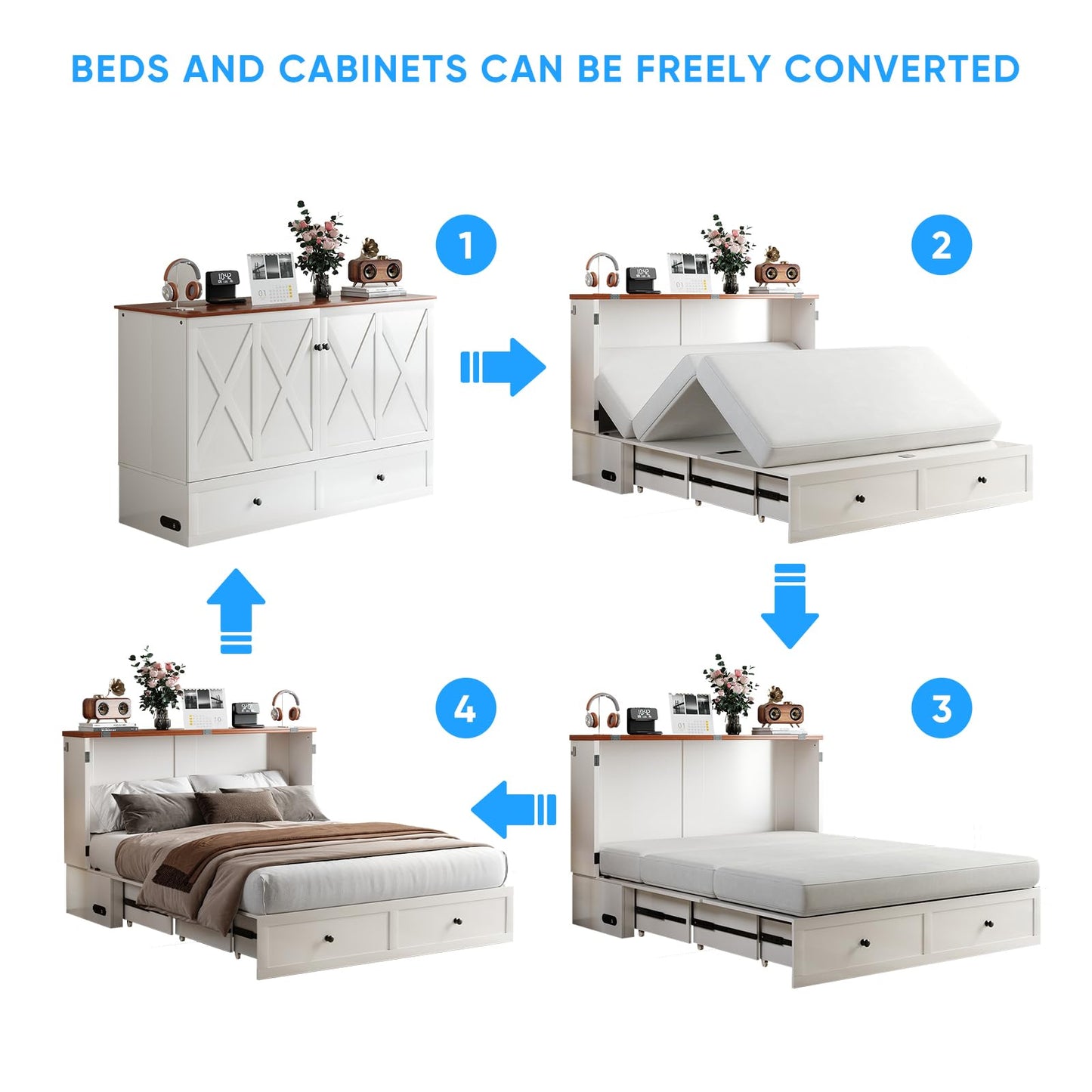 PUREMIND Murphy Bed Queen with Mattress Included, X Frame Cabinet Beds Chest with Charging Station & Storage Drawers, Convertible Hideaway Cabinet Bed for Guest Room, White