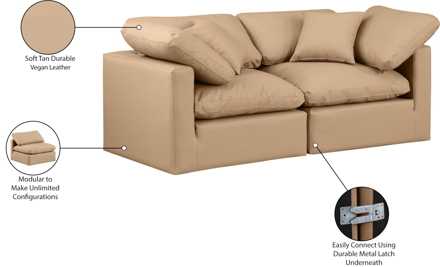 Meridian Furniture 146Tan-S70 Indulge Collection Modern | Contemporary Modular Sofa with Soft Tan Durable Vegan Leather, Fiber-Filled Cushions, Modular, 70" W x 35" D x 32" H, Tan