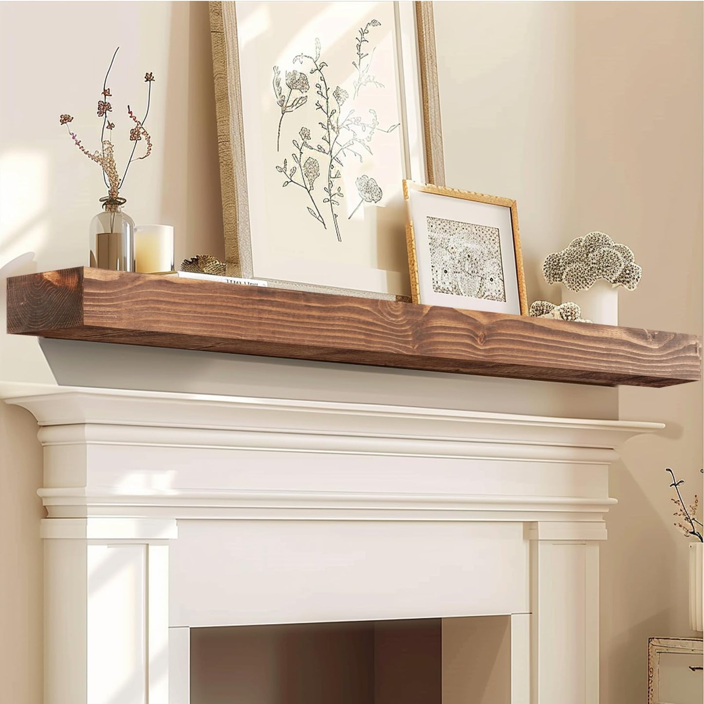 YLYHSST 72" Fireplace Mantel, 3'' Thick Handmade Rustic Solid Wood - Wall Long Floating Shelf with Invisible Metal Bracket, Brown