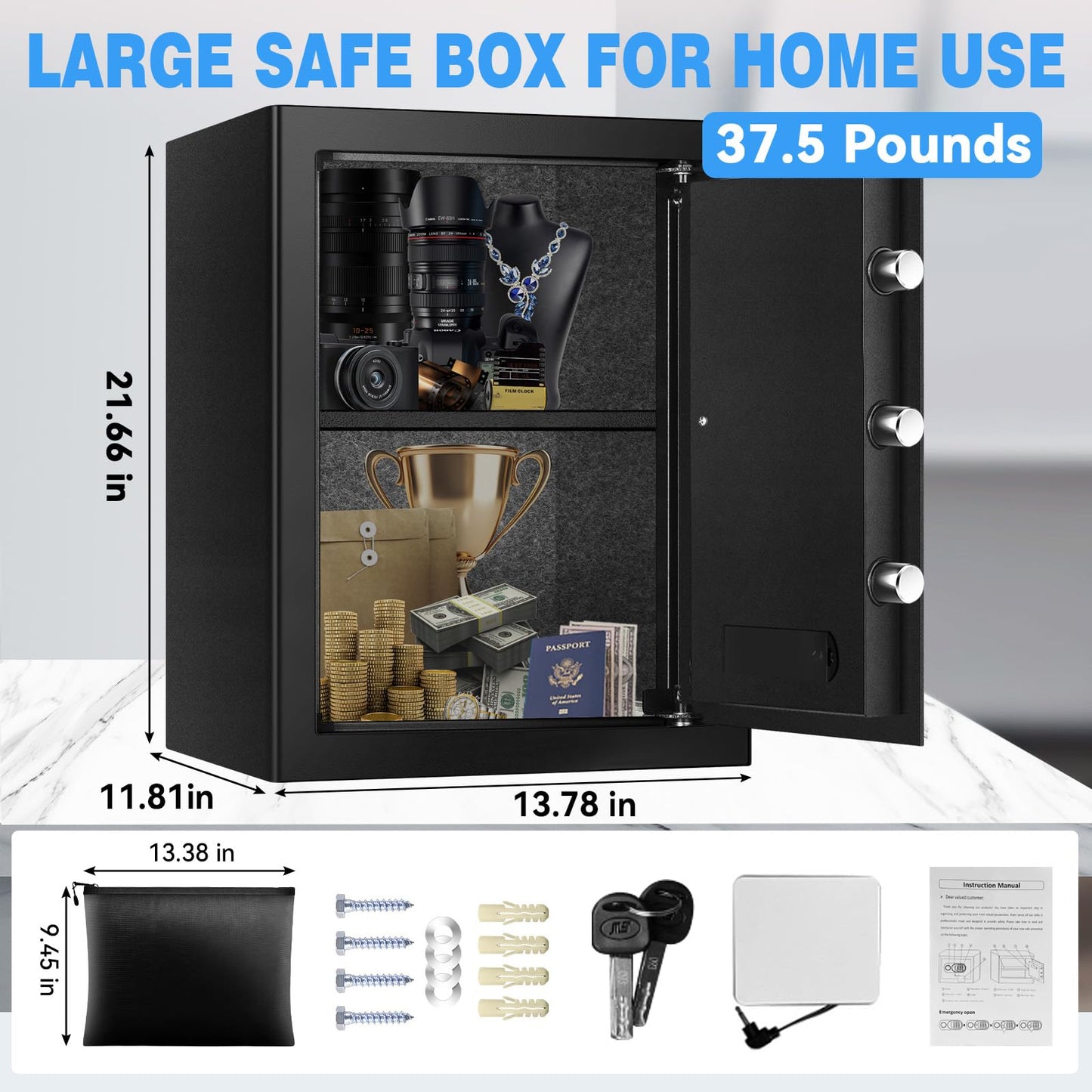 3.0 Cuft Fireproof Waterproof Home Safe, Anti-Theft Safety Box with Digital Keypad, Smart Alert System, LED Interior Light, Fireproof Bag and Spare Keys, Secure Storage for Cash Documents Valuables