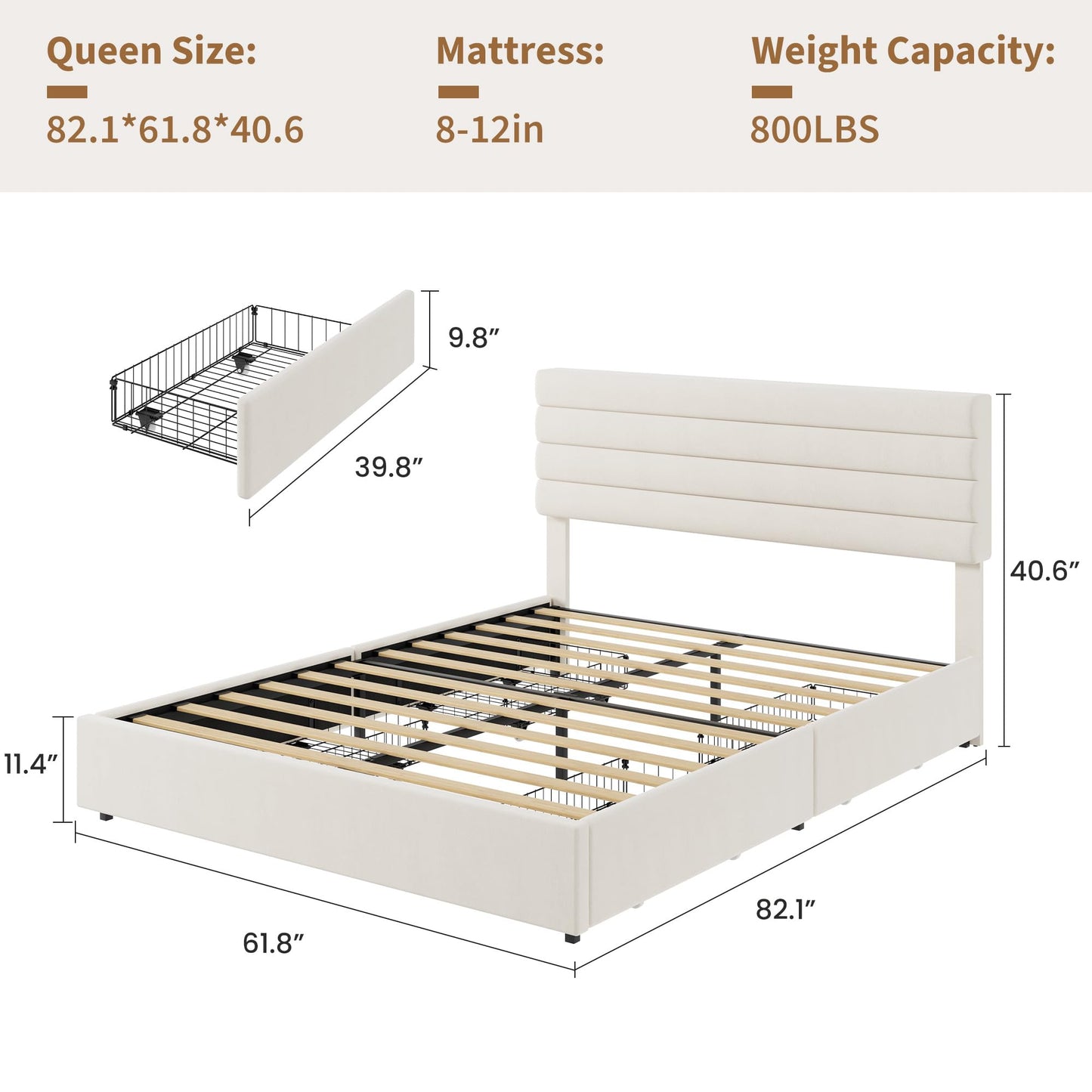 Garvee Queen Size Bed Frame, Velvet Upholstered Platform Storage Bed with 4 Drawers, Wooden Slats Support, No Box Spring Needed, Easy Assembly, Beige