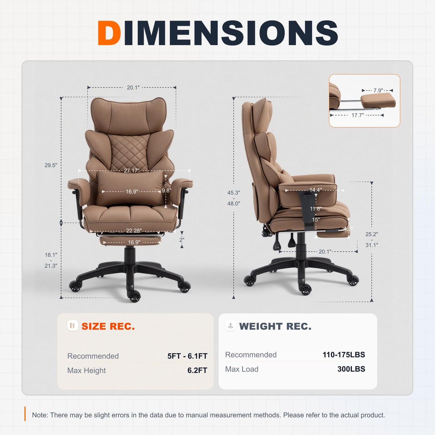 Dowinx Big and Tall Office Chair with Pocket Spring Cushion,High Back Computer Gaming Chairs with Adjustable Armrests,Executive Desk Chairs with Lumbar Support and Footrest,PU Leather-Brown