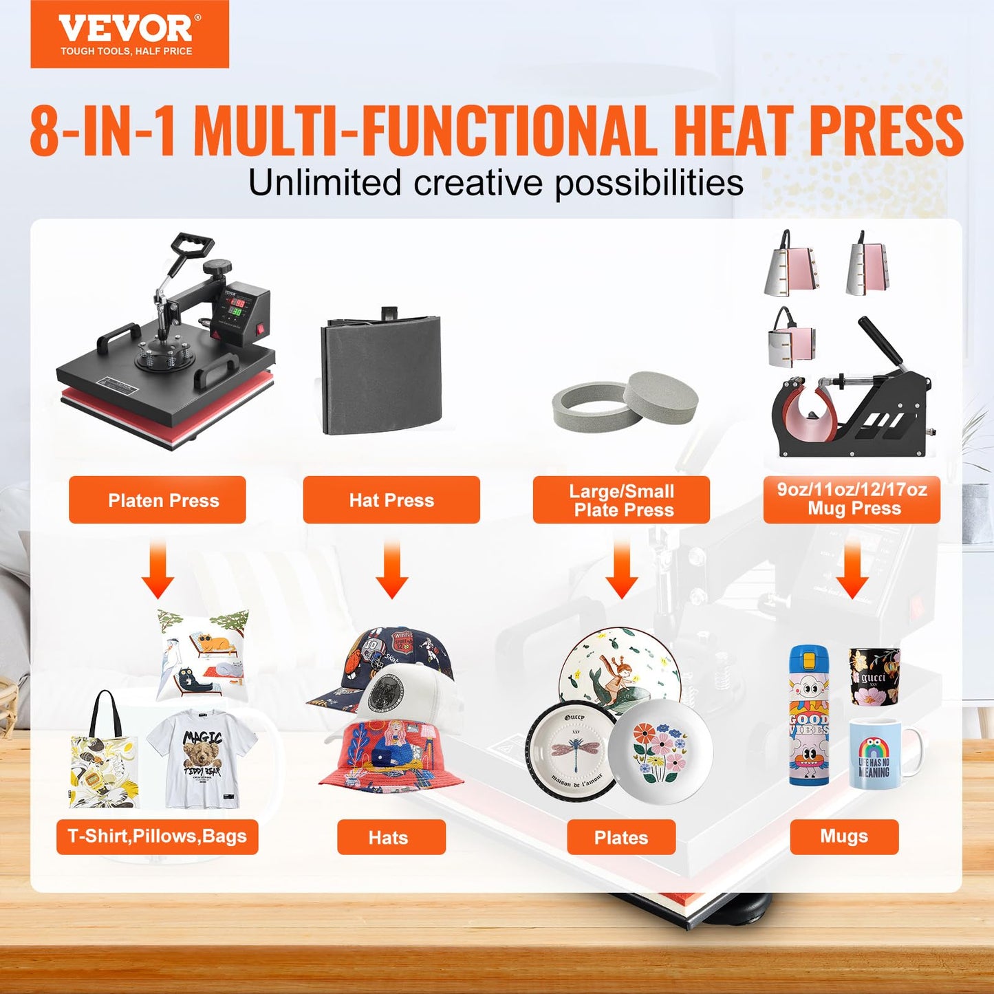 VEVOR Heat Press Machine 8 in 1 Combo Heat Press 15x15 Inch Heat Transfer Machine 360-Degree Swing Away Digital Tshirt Press Multifunction Heat Transfer Sublimation for T Shirts Mugs Hats Plates Caps