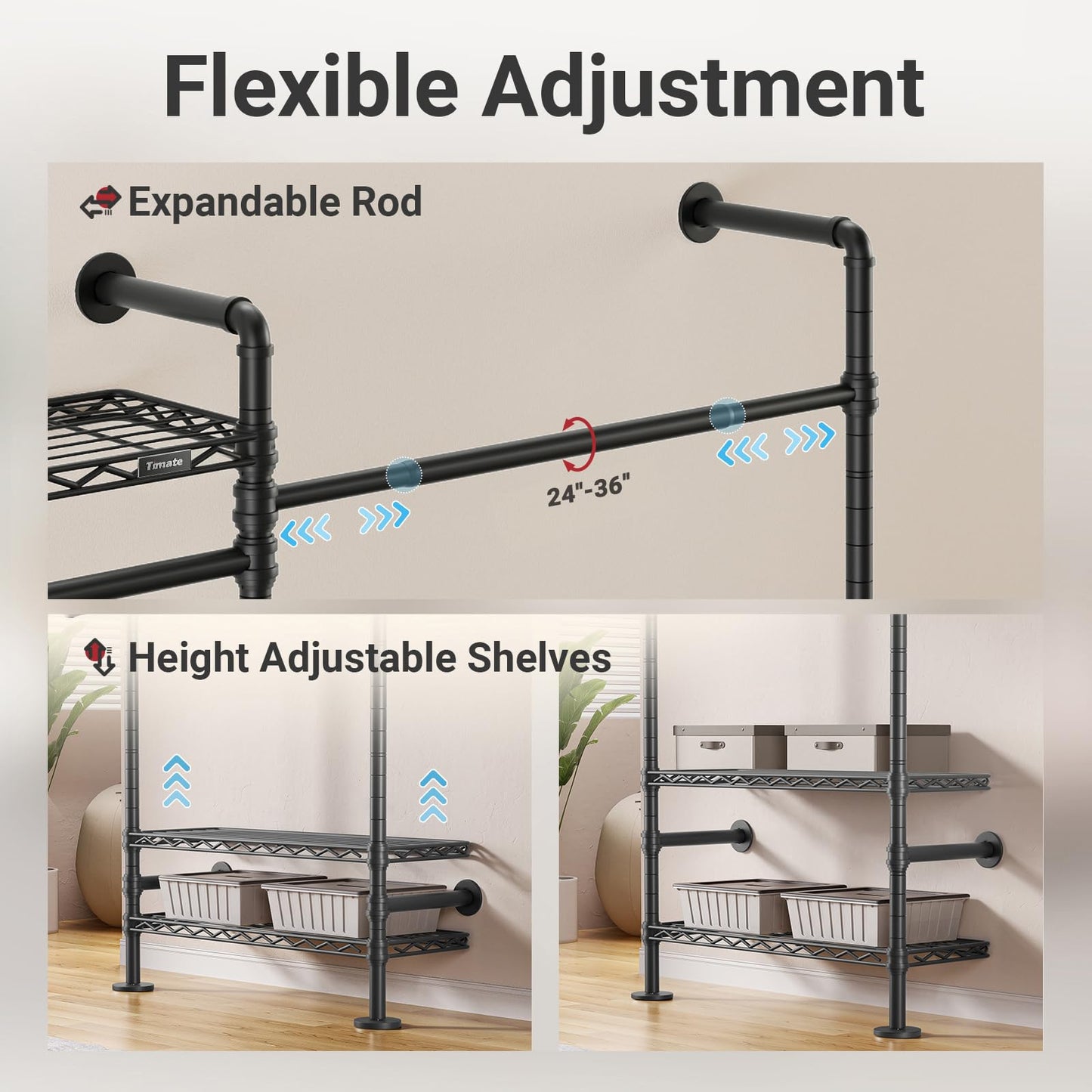 Timate L6 Closet Rack Wall Mount for Corner - Expandable Industrial Pipe Closet , Heavy Duty Hanging Garment Rack, Closet Organizer Storage Solution for Wardrobe, Bedroom, Walk-in Closets, Black