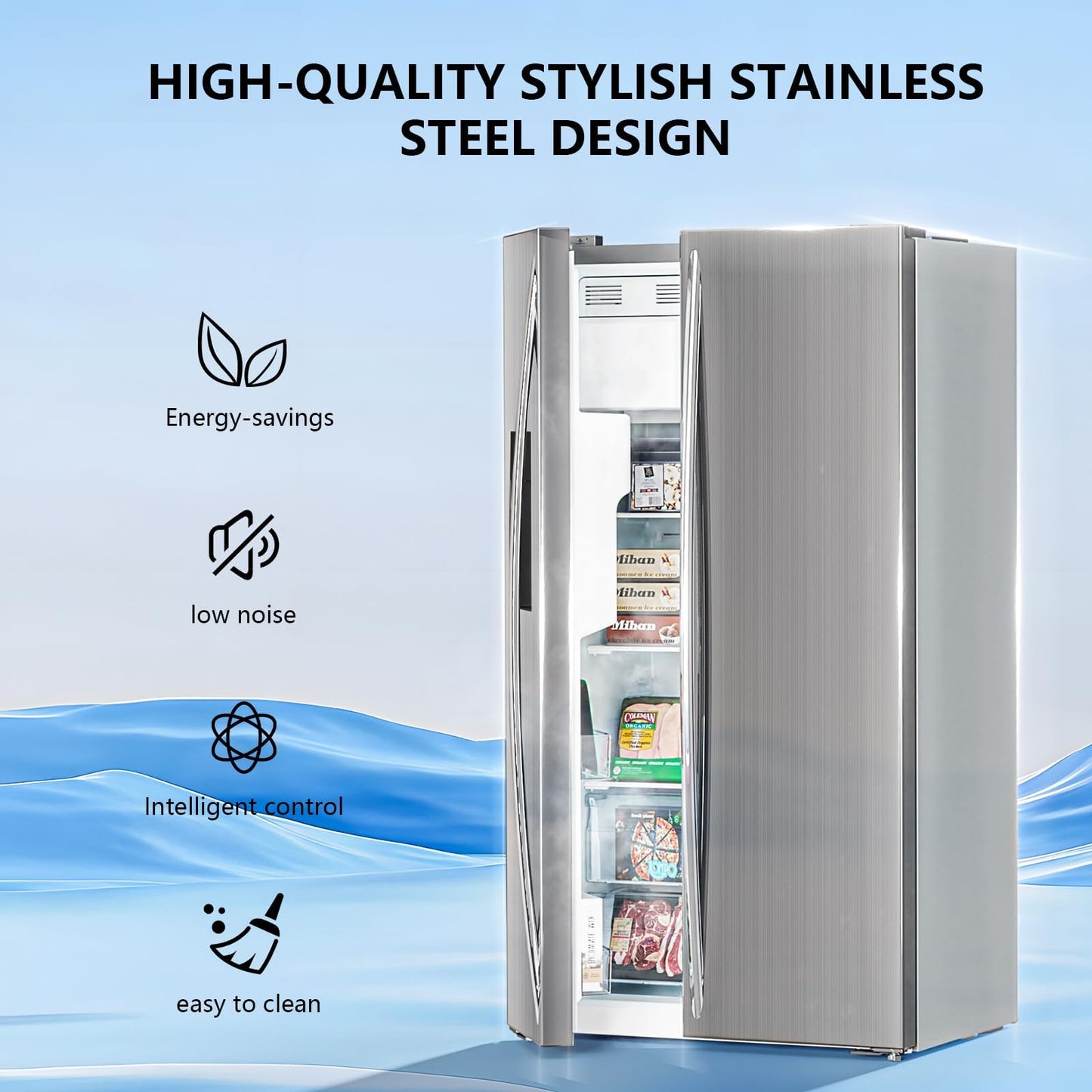Antarctic Star 20 Cu.Ft French Door Refrigerator, Stainless Steel Fridge with Side Freezer & Water Dispenser, Nugget and Cube Ice Maker, Adjustable Thermostat