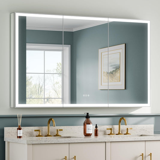 TIFULLHOME Tempered-Mirror Lighted Medicine Cabinet 60x36 inch, Modern Edge-Lit Strip, Plug-in or Hardwired, Anti-Fog/3 Colors/Dimmable, AL Alloy, 2 Outlets & USBs, ETL Listed, Wall Mount or Recessed