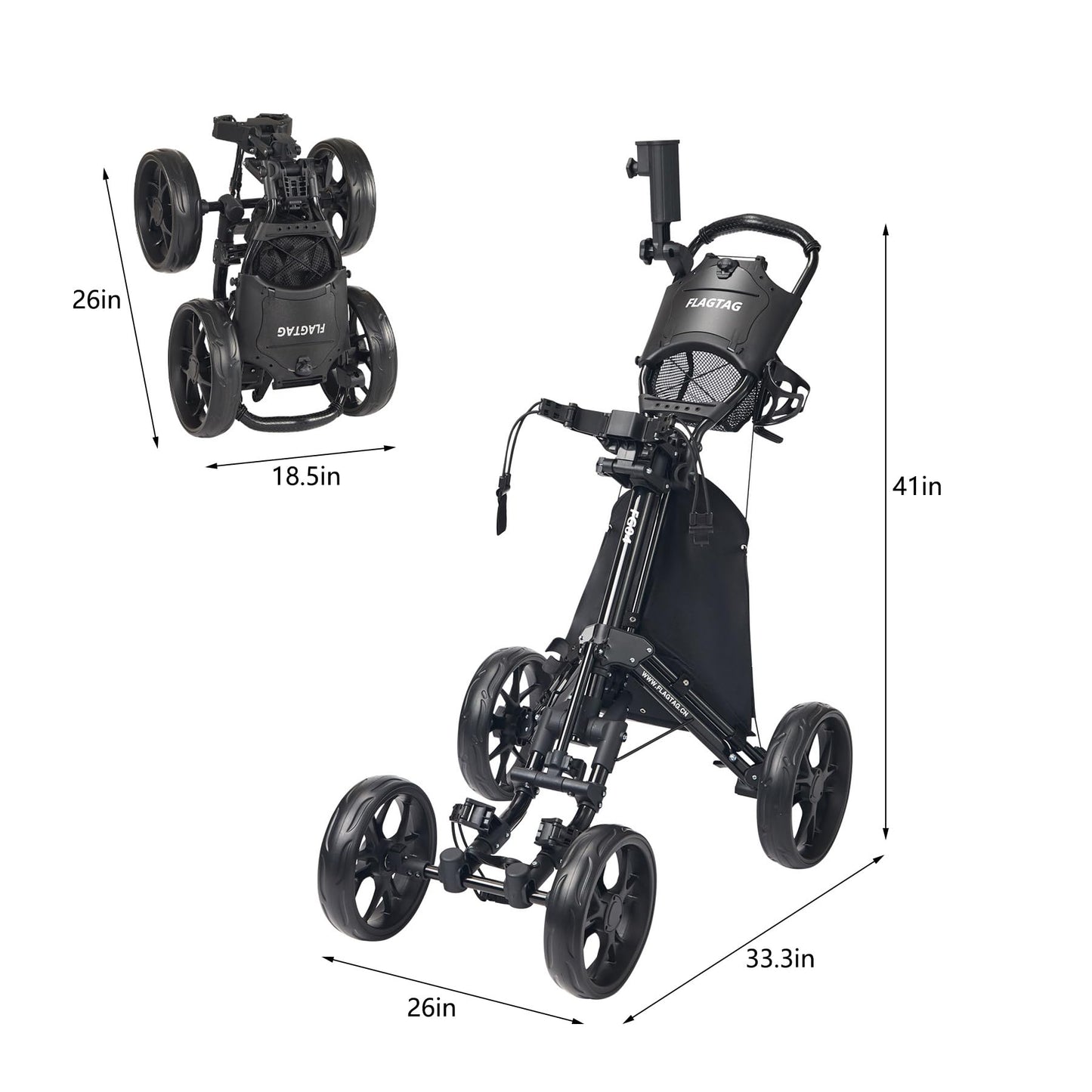 FLAGTAG Golf Push Cart 4 Wheels,Folding Golf Cart, Golf Pull cart with Cup Holder,Umbrella Holder,Cooler Bag, Foldable with one-Click,Handle Height Adjustable,Drink Holder,Walking Push cart