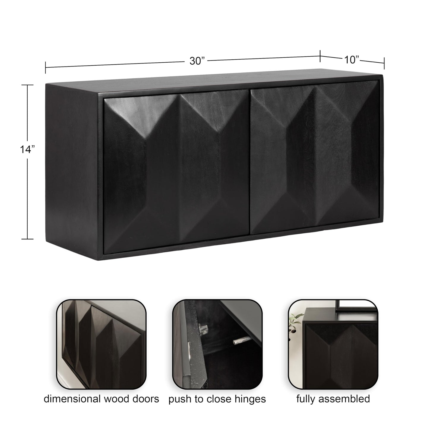 Kate and Laurel Ranier Modern Wooden Two-Door Wall Cabinet; 30 x 10 x 14; Black; Decorative Storage Cabinet with Dimensional Face for Use as Floating Nightstand or Floating TV Shelf