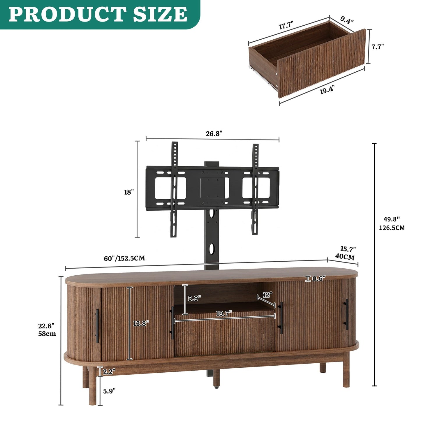 YITAHOME 60 Inch Fluted TV Stand with Adjustable TV Mount for 32-70 Inch TVs, Modern Curved Entertainment Center with Fluted Sliding Doors & Drawer, Media Console for Living Room, Walnut