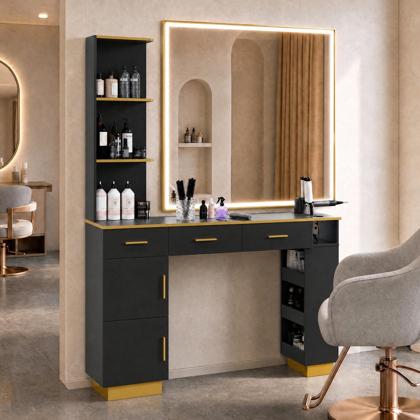 Salon Station for Hair Stylists, Professional Barber Desk Styling Station with 2 Cabinets, 3 Drawers, Display Rack & Open Shelves, Salon Storage Cabinet for Barber Shop Spa Beauty, Wall Mount, Black