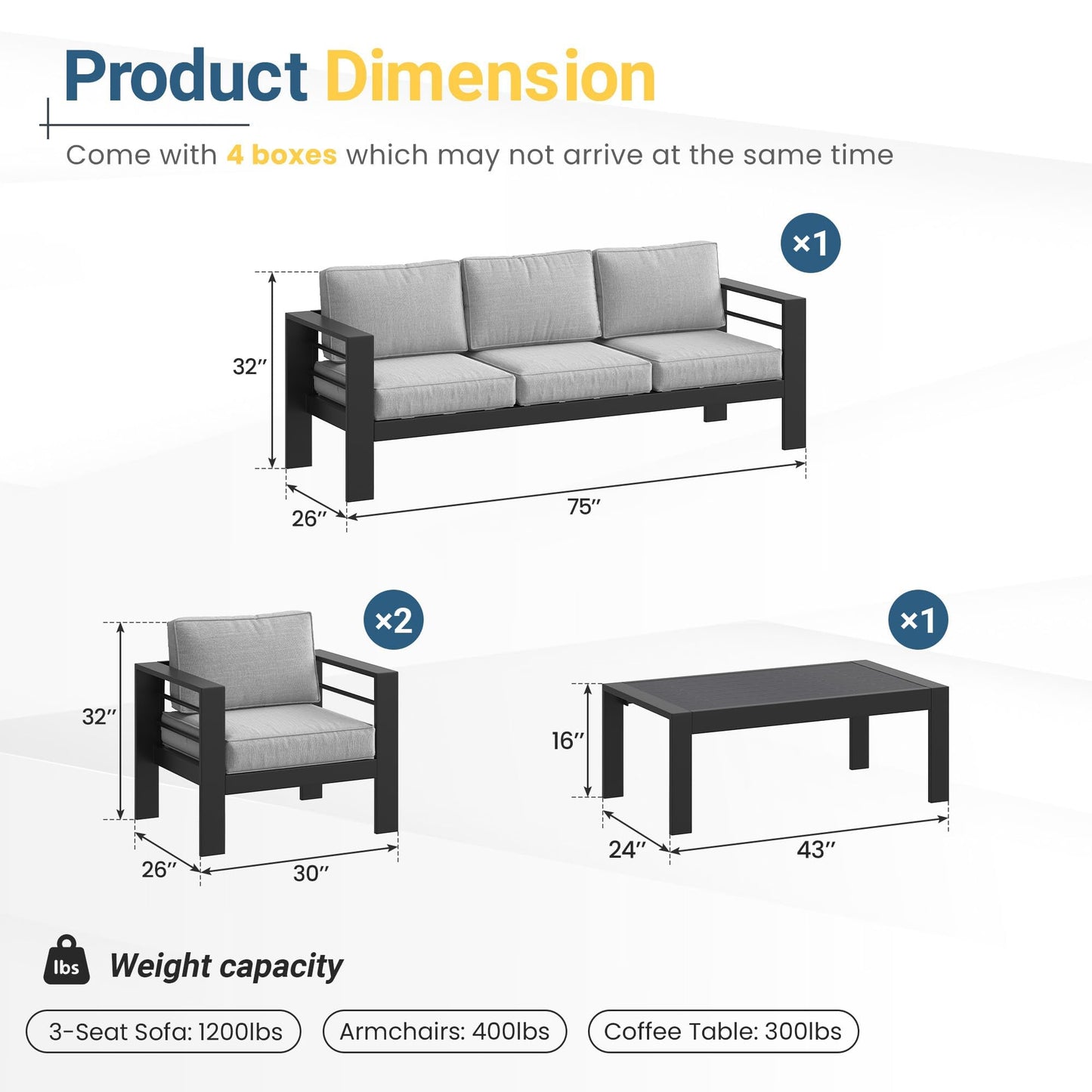 Solaste Aluminum Patio Furniture Set, 5 Seats Patio Sectional Sofa with 5" Thick Cushion, Outdoor Patio Set with Coffee Table, Patio Sofa Set for Porch, Yard, Backyard, Deck, Light Grey