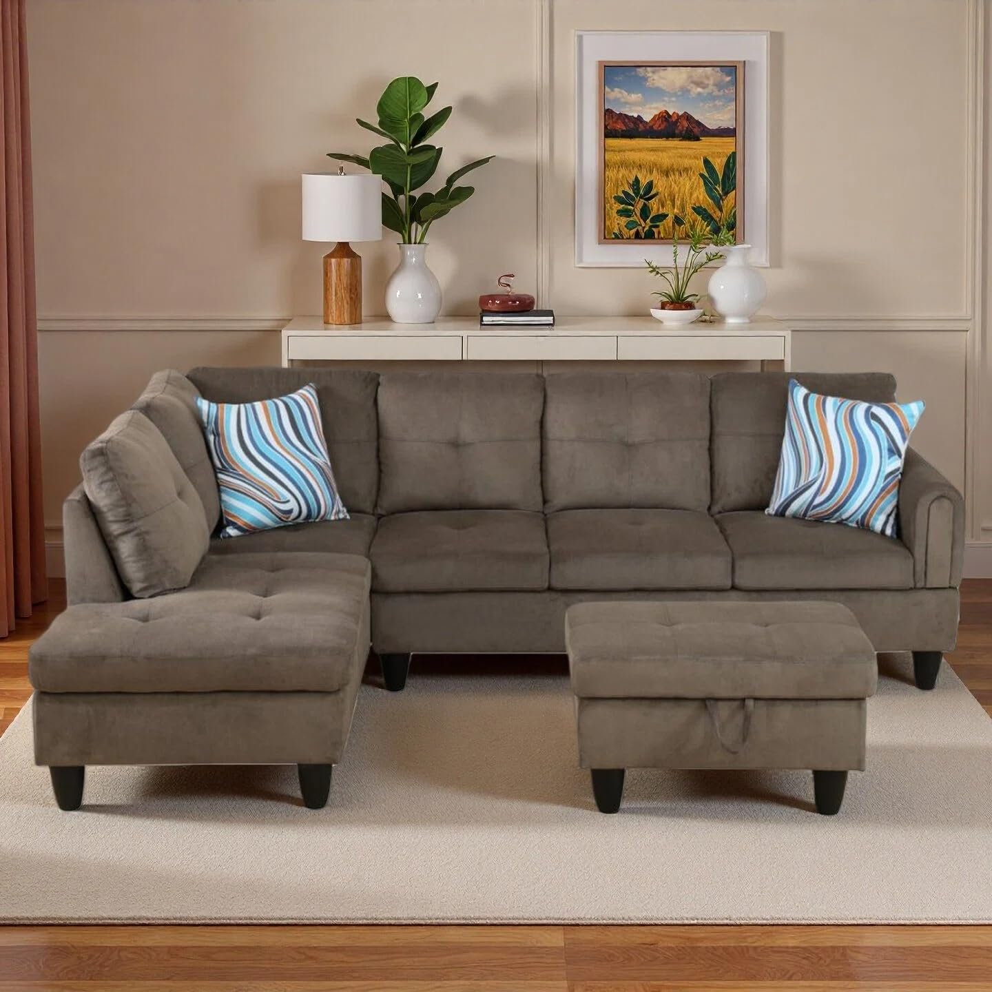 Trygoal L-Shaped Sectional Sofa with Movable Chaise & Storage Ottoman, Lounge 3-Piece Modular Convertible Couches for Living Room, Apartment & Office, Taupe